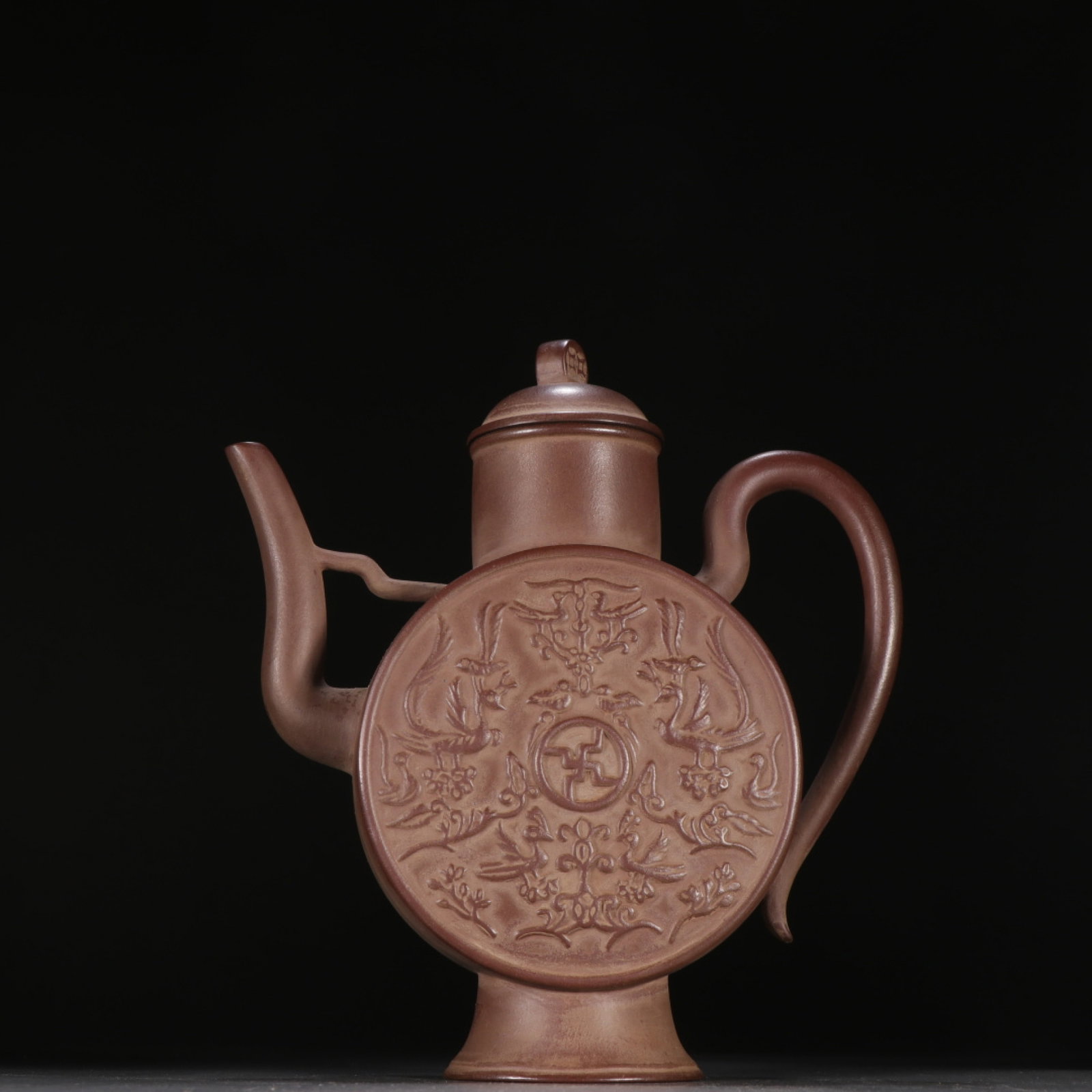 A Rare Purple Sands Flower and Bird Pattern Teapot: A Rare Purple Sands Flower and Bird Pattern Teapot,Qing Dynasty,China,Gongju Mark,Size:7.8inx7in 紫砂花鸟纹茶壶,中国清代,贡ì