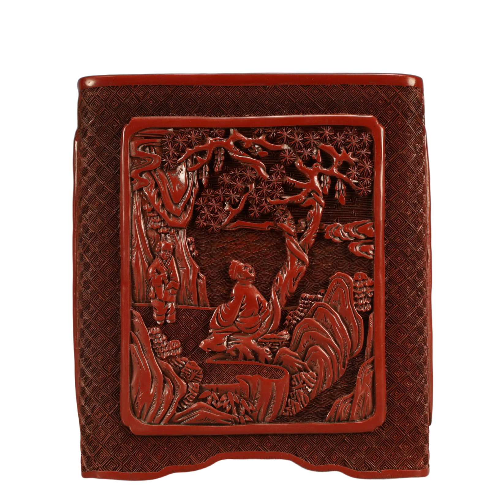 An Exquisite Carved Red Lacquer Character and Story Pattern Brush Pot,Qing Dynasty, China,Qianlong: An Exquisite Carved Red Lacquer Character and Story Pattern Brush Pot,Qing Dynasty, China,Qianlong Six-character Mark,Size:6.3inx7.1in,Weight:1850g 剔红漆器人物
