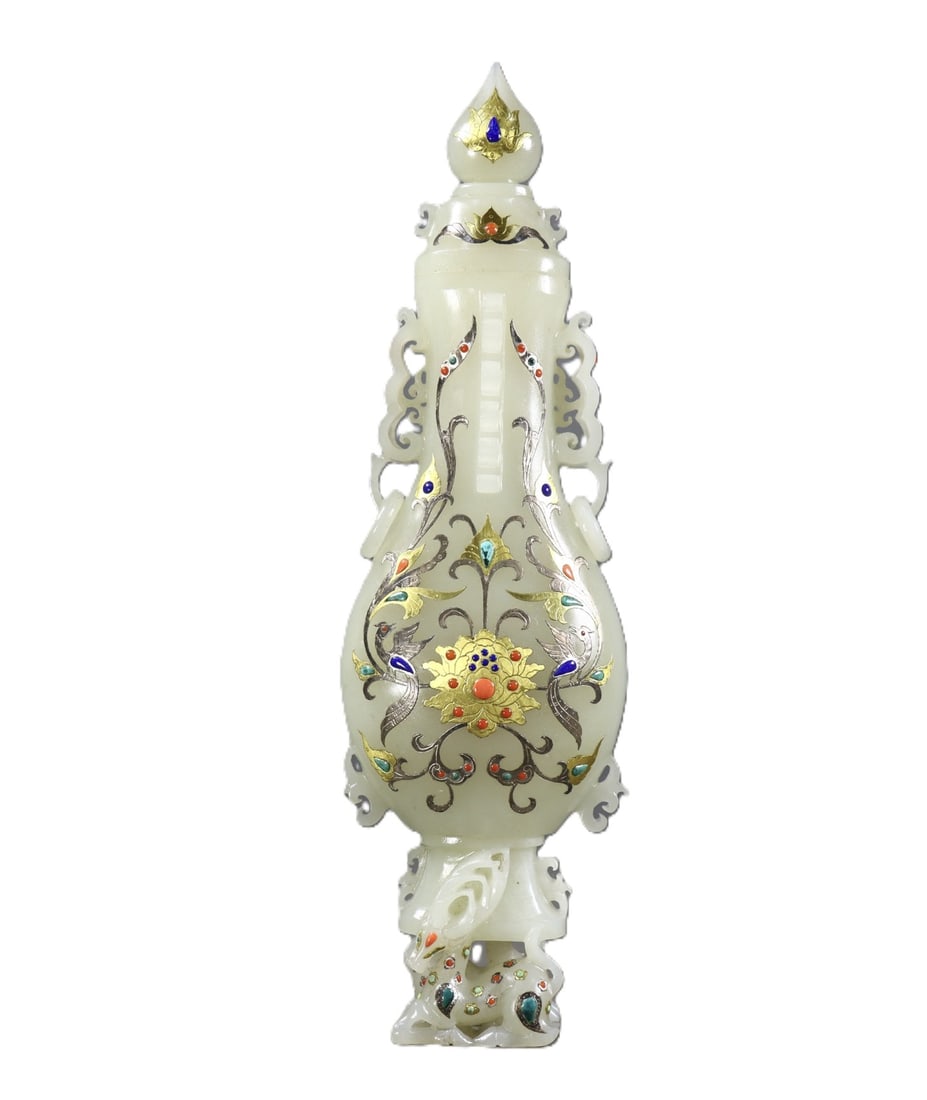 An Exquisite White Jade Inlaid Gold and Silver Flower Pattern Double-Ears Bottle,Inlaid Gems: An Exquisite White Jade Inlaid Gold and Silver Flower Pattern Double-Ears Bottle,Inlaid Gems,Qing Dynasty,China,Size:11.2inx3.1inx1.8in,Weight:744g 白玉错金银花