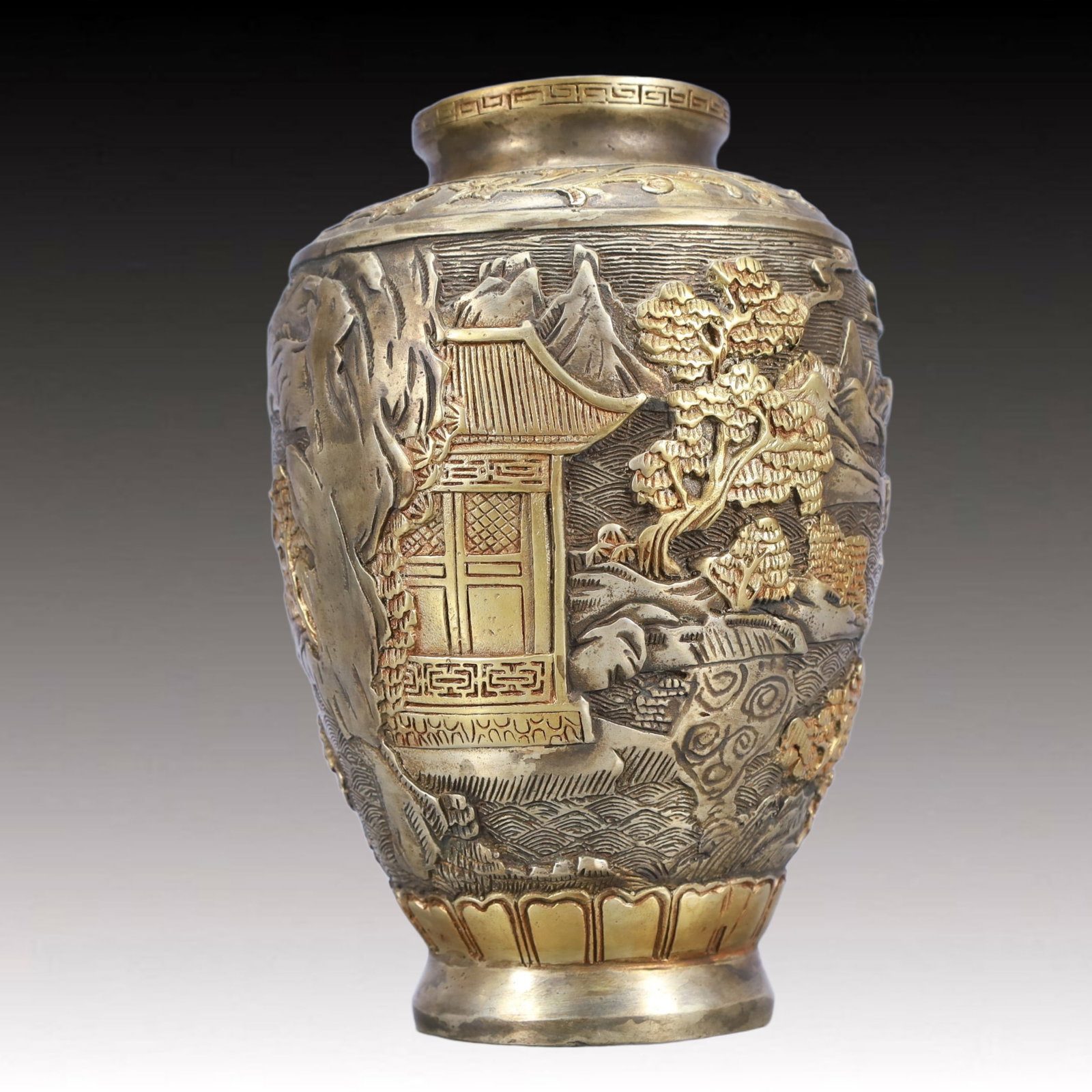 A Rare Gilt Silver Landscape Pattern Vase: A Rare Gilt Silver Landscape Pattern Vase,Qing Dynasty, China,Qianlong Four-character Mark,Size:5.9inx8.3in,Weight:1450g 银鎏金山水纹瓶,中国଀