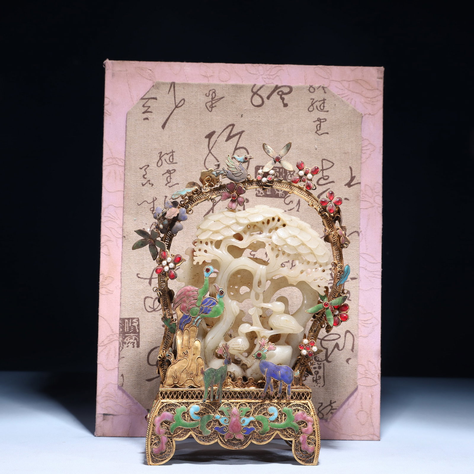 An Exquisite Filigree and Gilding Inlaid White Jade Pine and Crane Pattern Ornament,Inlaid Gems: An Exquisite Filigree and Gilding Inlaid White Jade Pine and Crane Pattern Ornament,Inlaid Gems,Qing Dynasty,China,Qianlong Four-character Mark,Size:5.5inx2.4inx10.2in,(Box)13.8inx10.2inx5.5in,Weight: