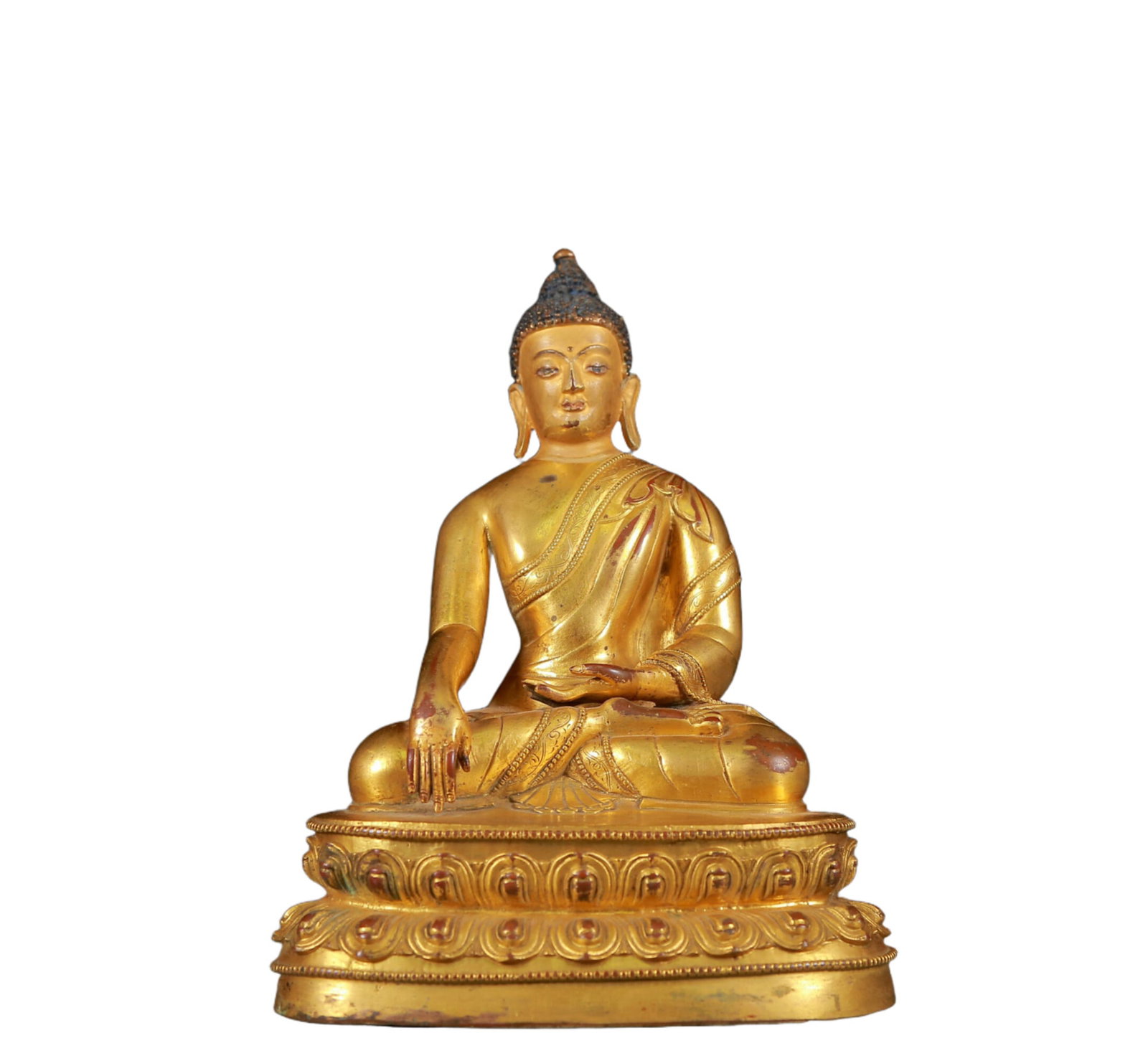 A Solemn Gilt Bronze Statue of Sakyamuni: A Solemn Gilt Bronze Statue of Sakyamuni,Ming Dynasty, China,Size:5.3inx4.1inx8.5in,Weight:1400g 铜鎏金释迦摩尼像，明代