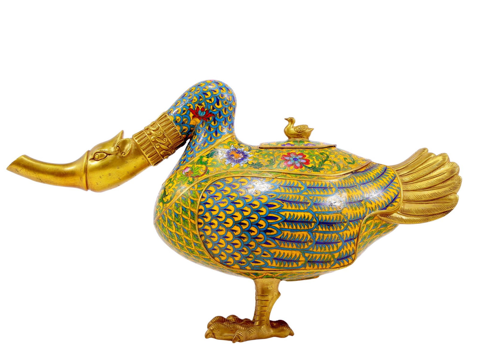 An Exquisite Cloisonne Duck-Form Box: An Exquisite Cloisonne Duck-Form Box. Cast with detailed, fine feather incisions, body enameled with polychrome patterns, all reserved on a bright yellow ground. Chinese Qing Dynasty. Qianlong Four-Ch