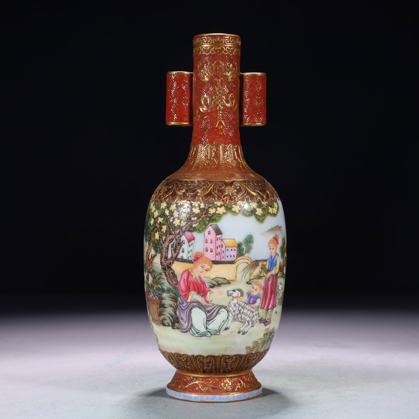 An Exquisite Famille-Rose Painted Gold Character and Story Pattern Double-Ears Vase: An Exquisite Famille-Rose Painted Gold Character and Story Pattern Double-Ears Vase,Qing Dynasty,China,Qianlong Six-character Mark,Size:3.1inx9.1in,Weight:750g 粉彩描金人