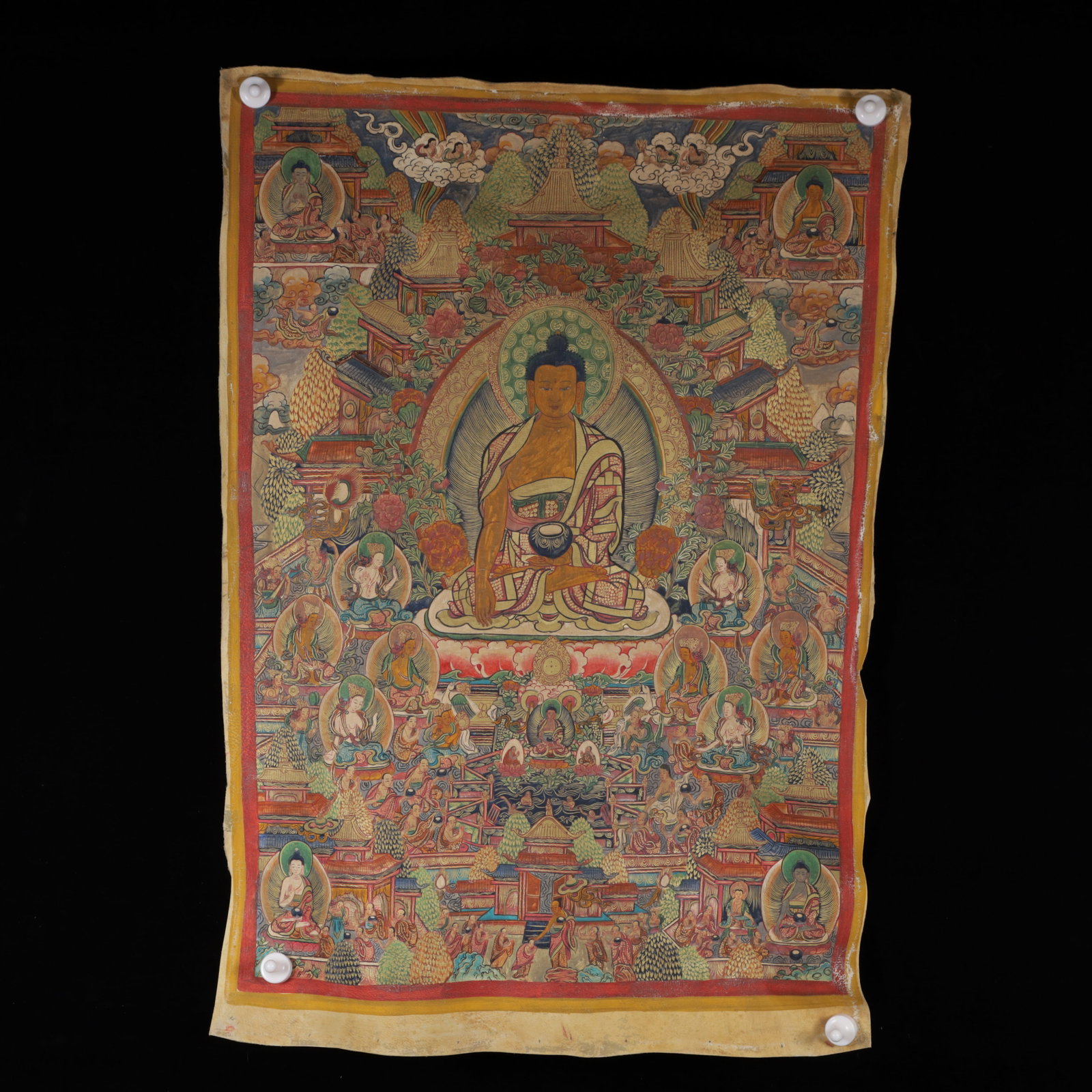 A Rare Cowhide Painted Color Statue of Sakyamuni Tangka: A Rare Cowhide Painted Color Statue of Sakyamuni Tangka,Qing Dynasty, China,Size:25.2inx36.6in