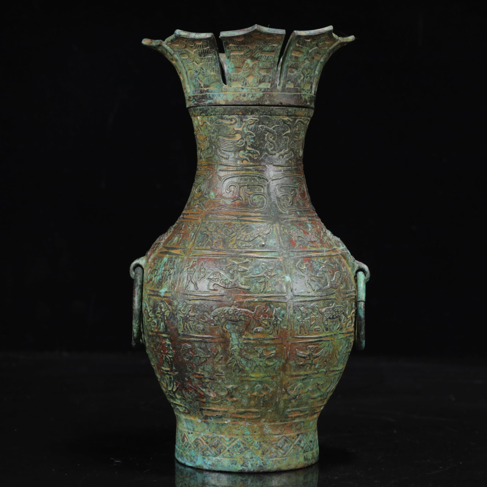 An Archaic Bronze Auspicious Beast Pattern Beast-Ears Vase: An Archaic Bronze Auspicious Beast Pattern Beast-Ears Vase,the Warring States Period in China,Size:4.7inx8.7in,Weight:1200g