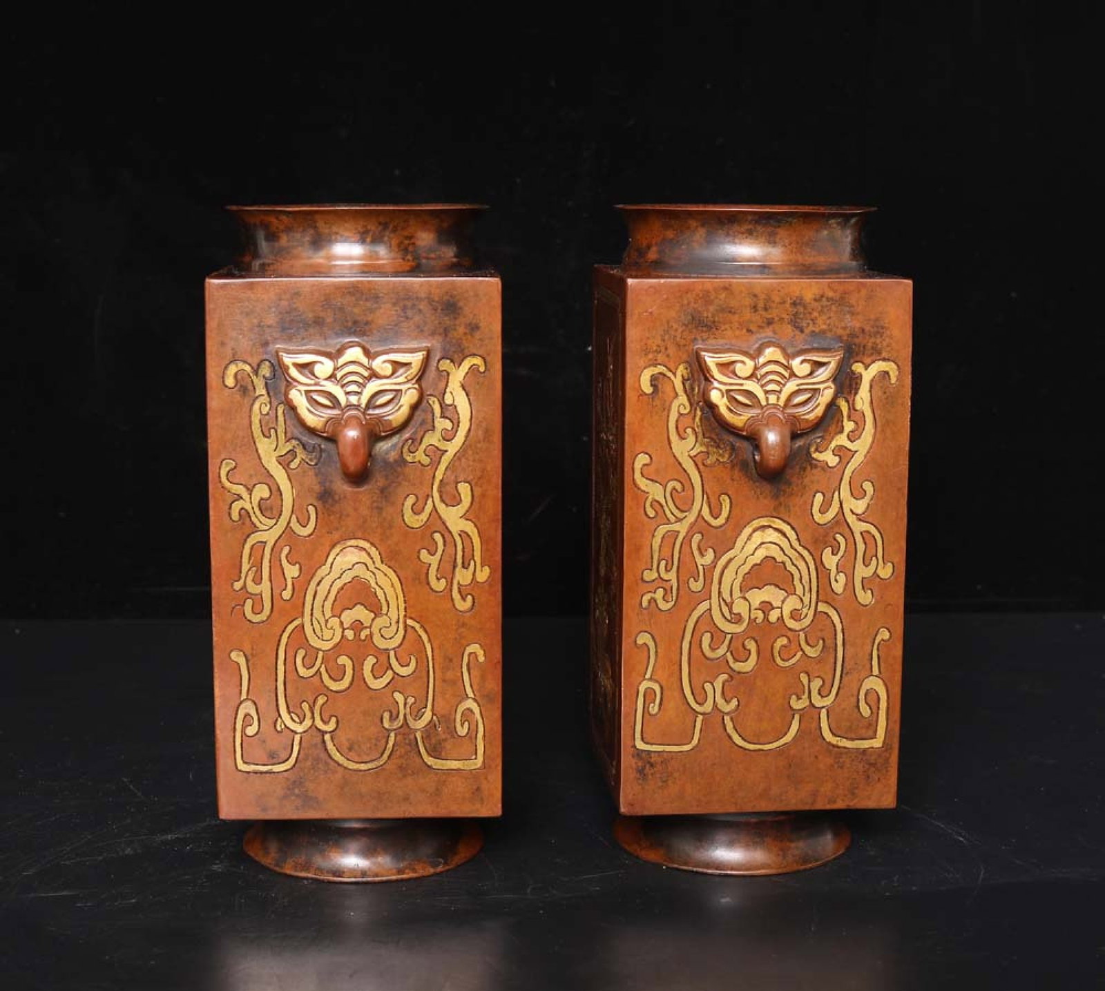 A Pair of Exquisite Gilt Bronze Plum Blossom,Orchid,Bamboo and Chrysanthemum Pattern Double-Ears: A Pair of Exquisite Gilt Bronze Plum Blossom,Orchid,Bamboo and Chrysanthemum Pattern Double-Ears Vases,Ming Dynasty,China,Xuande Six-Character Mark,Size:8.1inx3.3in*2,Weight:8159g 一对 