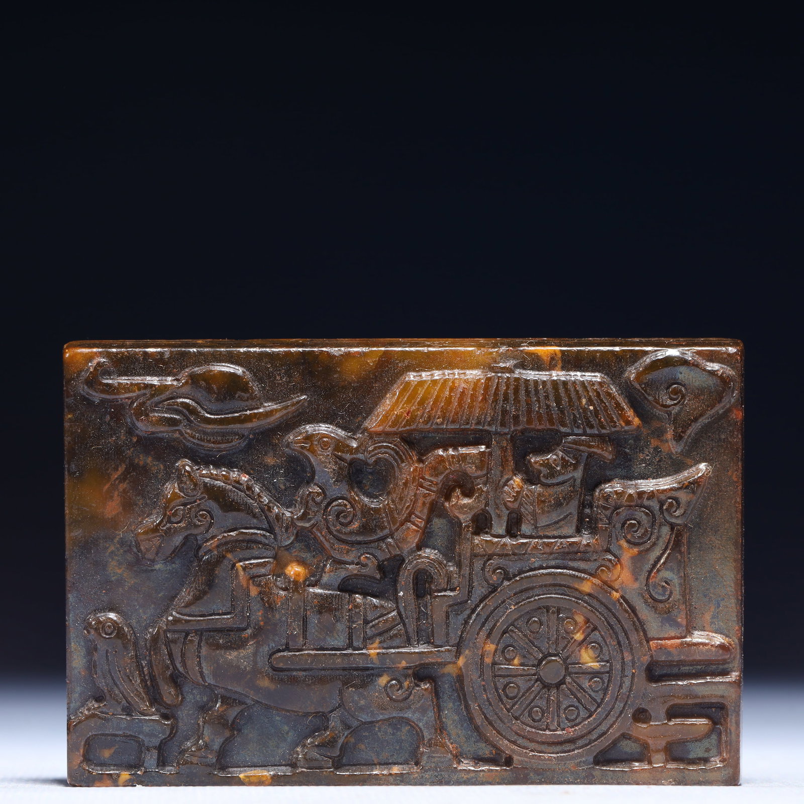 An Exquisite Archaic Jade Figure Riding Horse Pattern Ornament: An Exquisite Archaic Jade Figure Riding Horse Pattern Ornament,Ancient Time,China,Size:3.5inx0.3inx2.2in,Weight:116g 高古玉人物骑马纹摆件,&#