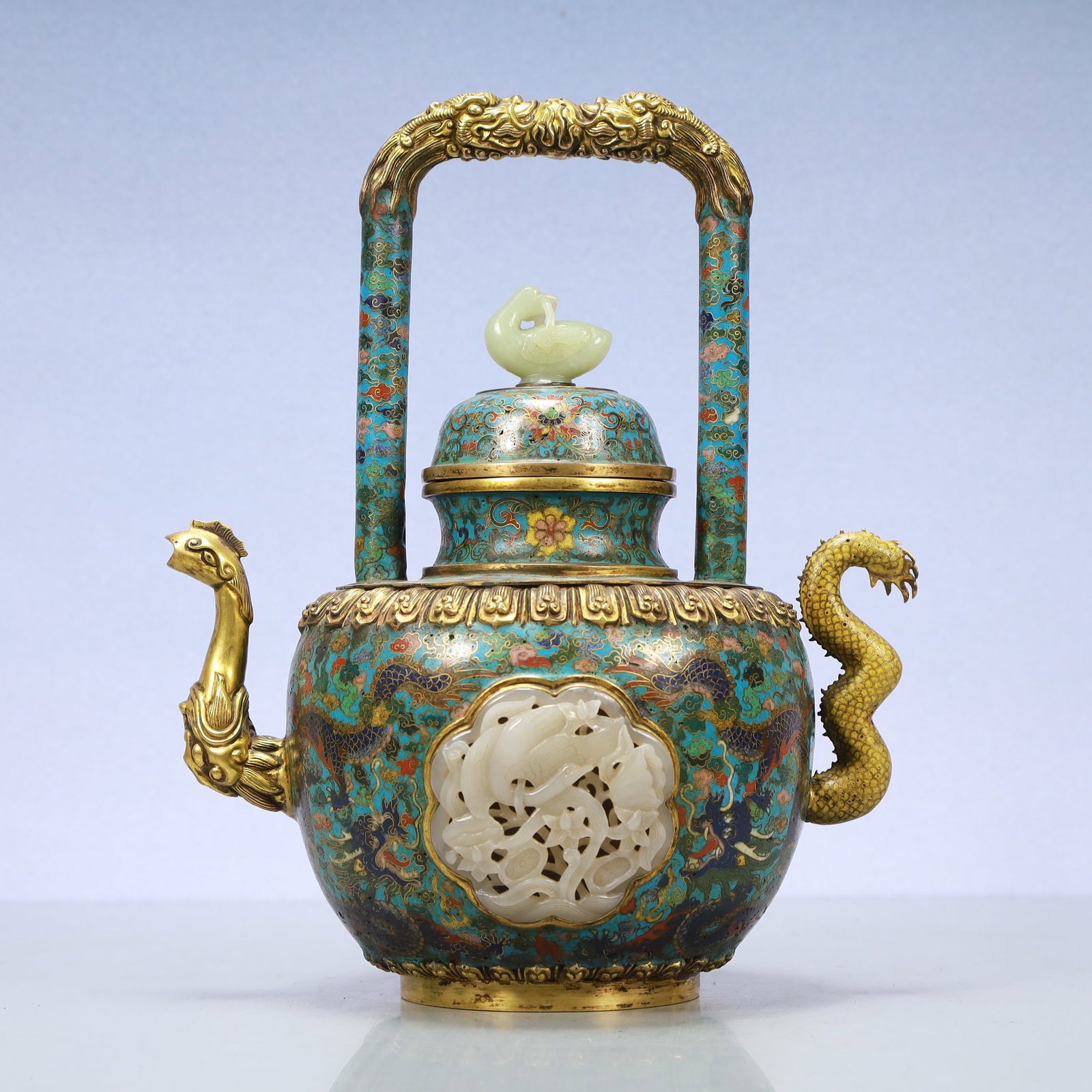 A Exquisite Cloisonne Inlaid White Jade Lotus Pattern Dragon Pattern Double-Ears Ewer: A Exquisite Cloisonne Inlaid White Jade Lotus Pattern Dragon Pattern Double-Ears Ewer Qing Dynasty, China Qianlong Four-character Mark Size:10.6inx7.1inx13in Weight:2700g景泰蓝॔