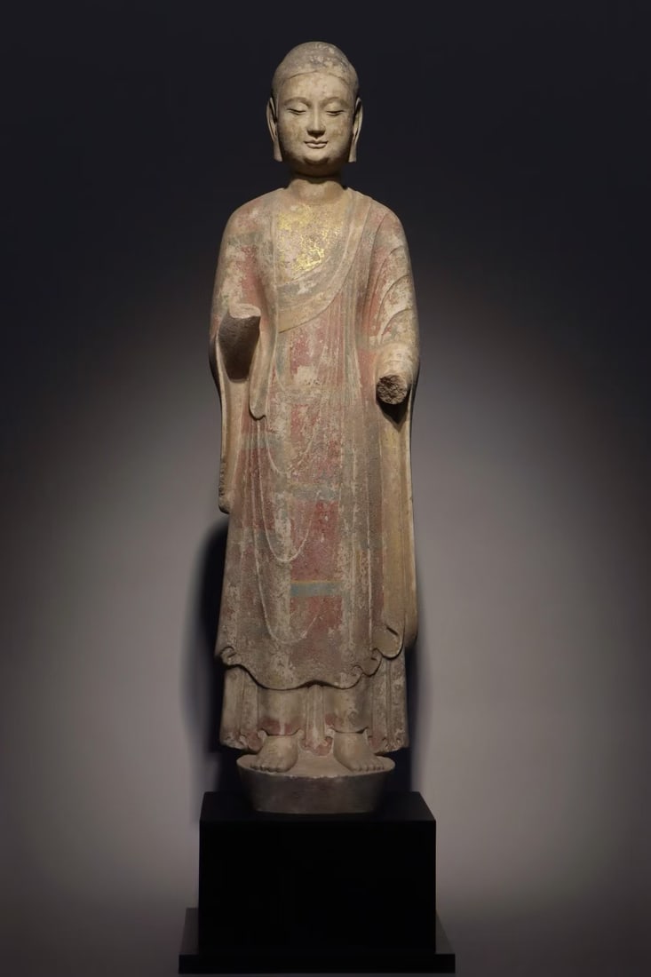 An Exquisite Marble Painted Color Buddha Statue: An Exquisite Marble Painted Color Buddha Statue N.Qi , China Size:40.6in汉白玉彩绘佛造像 中国北齐Size:103cm