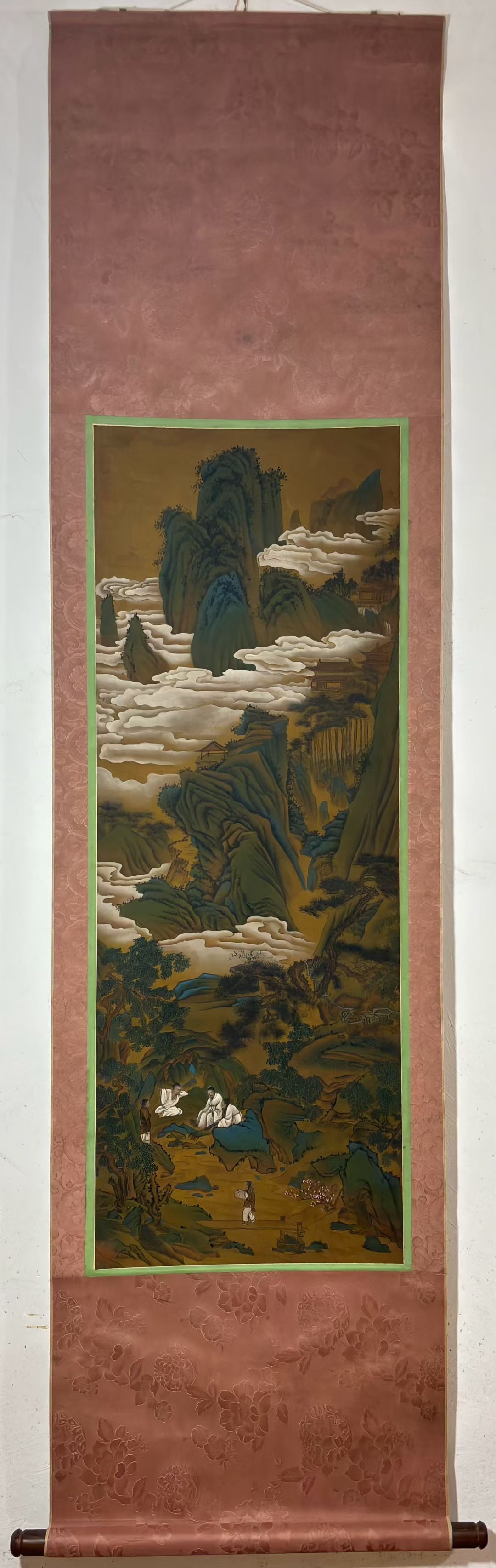A Chinese Vertical Scroll Ink Painting of Landscape and Figure on Silk,Chou Ying: A Chinese Vertical Scroll Ink Painting of Landscape and Figure on Silk,Chou Ying,Size:(Without frame)46.5inx17.1in一幅中国水墨绢本山水ߟ