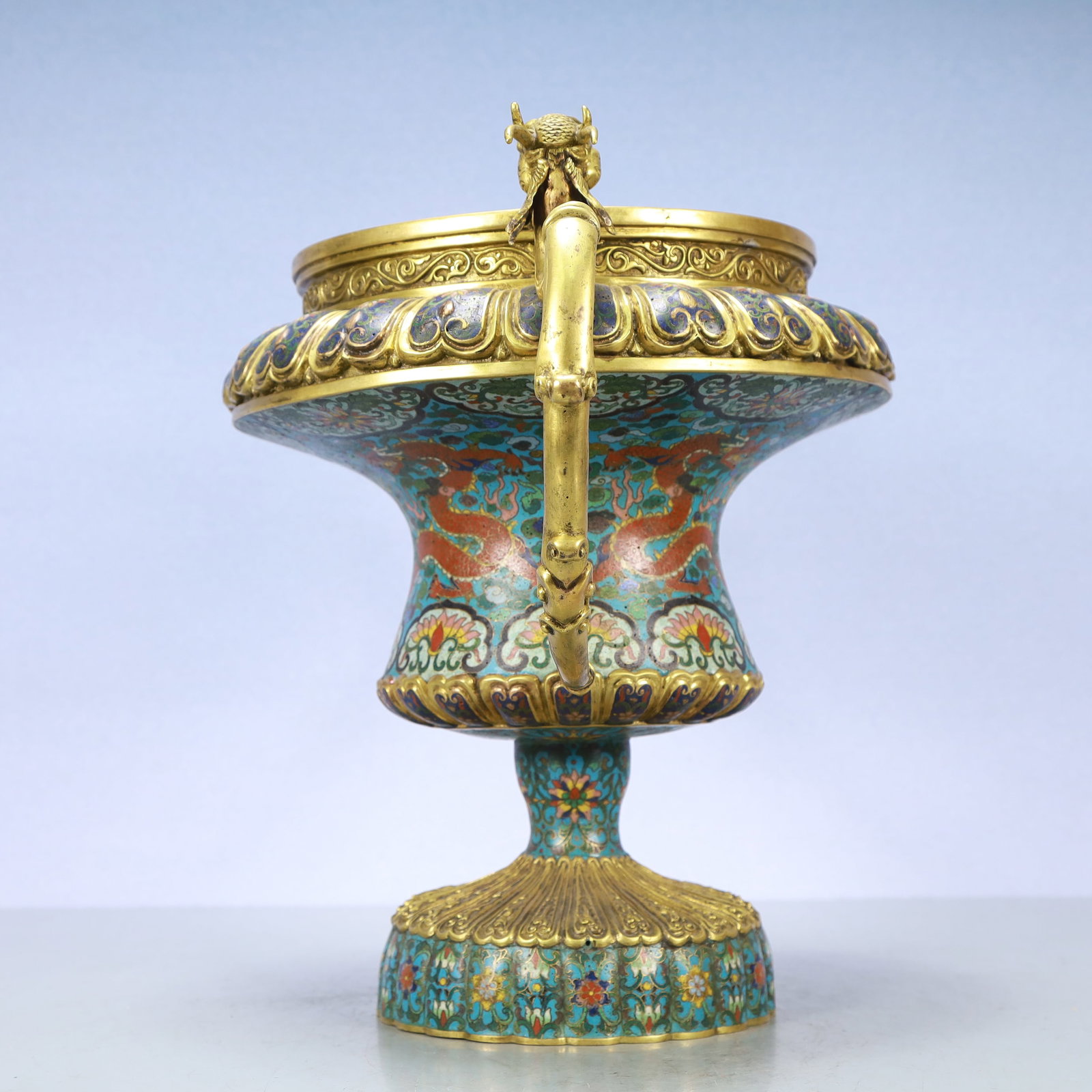 A Exquisite Cloisonne Flower Pattern Dragon Pattern Double-Ears Vase - 4