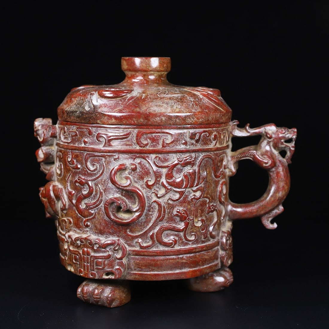 An Exquisite White Jade Dragon and Phoenix Pattern Dragon-Ears Tripod Cup: An Exquisite White Jade Dragon and Phoenix Pattern Dragon-Ears Tripod Cup,Qing