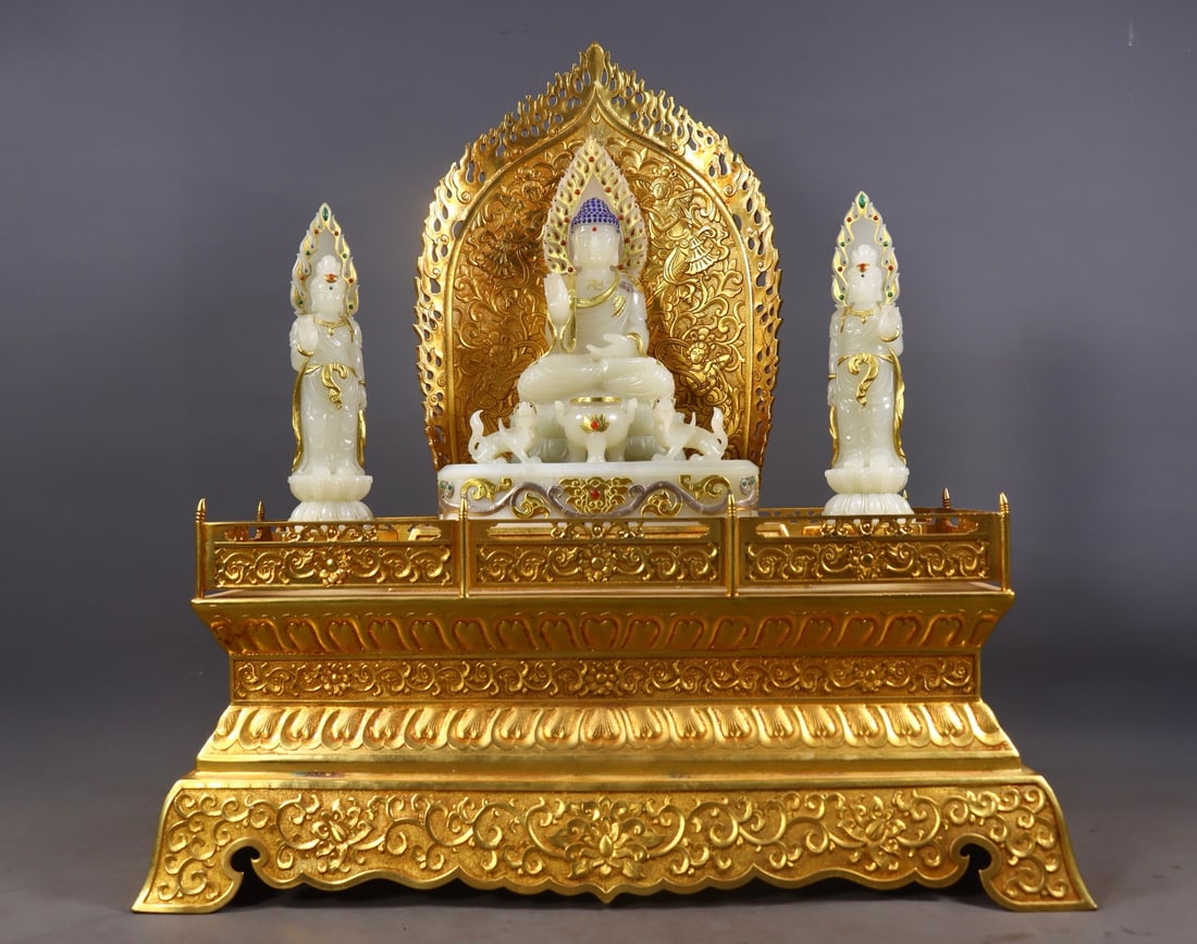 A Set of Huge White Jade Inlaid Gold and Silver Buddha Statue,With Gilt Bronze Base: A Set of Huge White Jade Inlaid Gold and Silver Buddha Statue,With Gilt Bronze Base,Qing Dynasty,China,Qianlong Four-character Mark,Size:(Base)17.1inx15.9inx10in,(Buddha
