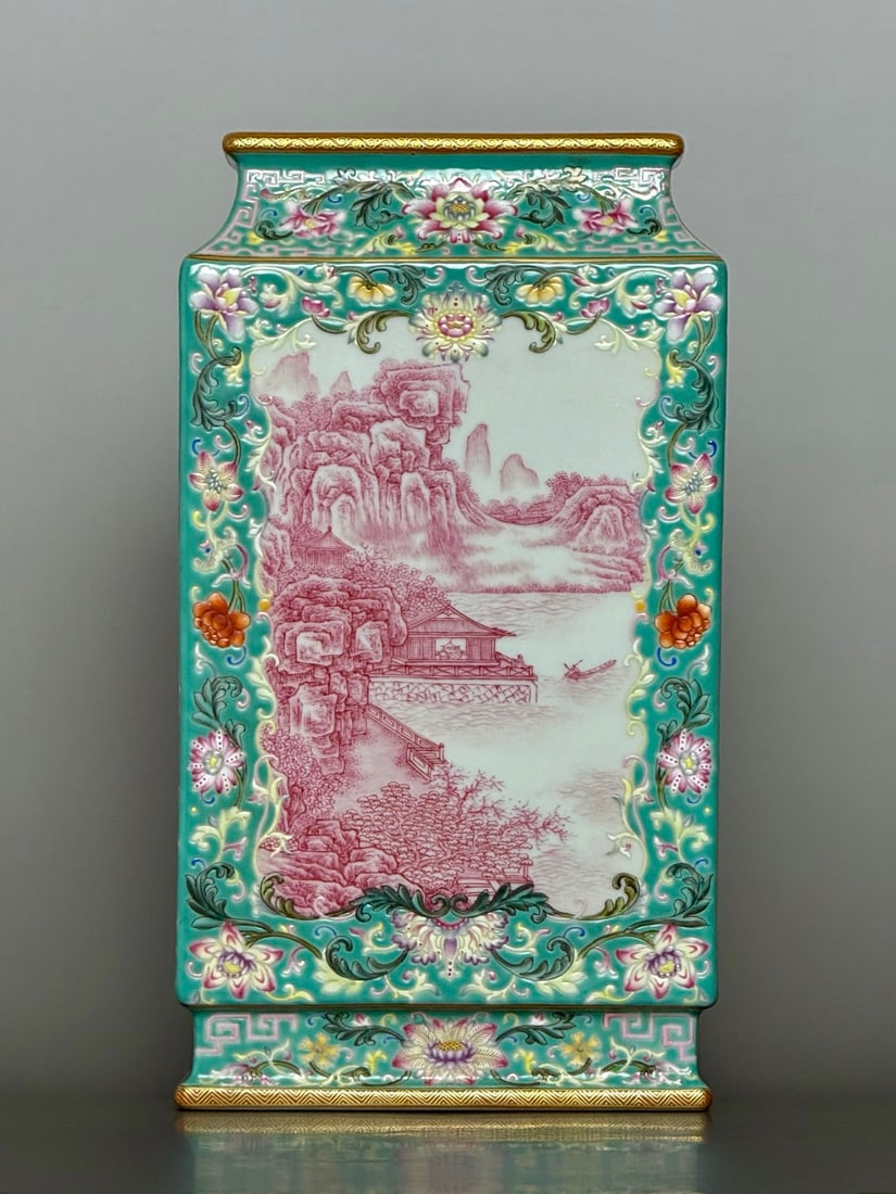 An Exquisite Turquoise Ground Agate Red-Glazed Famille-Rose Painted Gold Lotus and Landscape Pattern: An Exquisite Turquoise Ground Agate Red-Glazed Famille-Rose Painted Gold Lotus and Landscape Pattern Vase,With Poem,Qing Dynasty,China,Qianlong Six-character Mark,Size:10.5inx5.9inx5.7in松௾