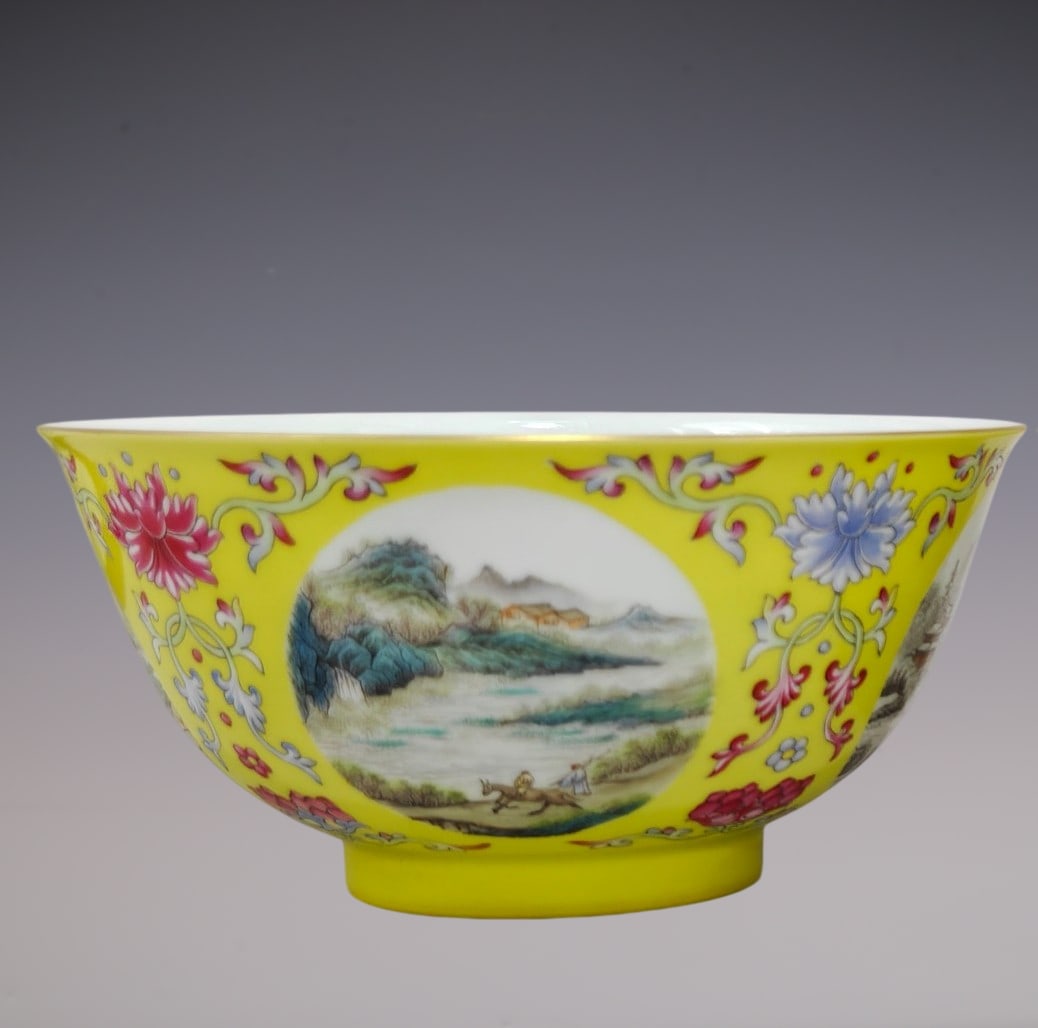 An Exquisite Famille-Rose Lotus Pattern Landscape Pattern Bowl: An Exquisite Famille-Rose Lotus Pattern Landscape Pattern Bowl Qing Dynasty, China Yongzheng Six-character Mark Size:3.1inx6.3in粉彩黄底图案开窗山