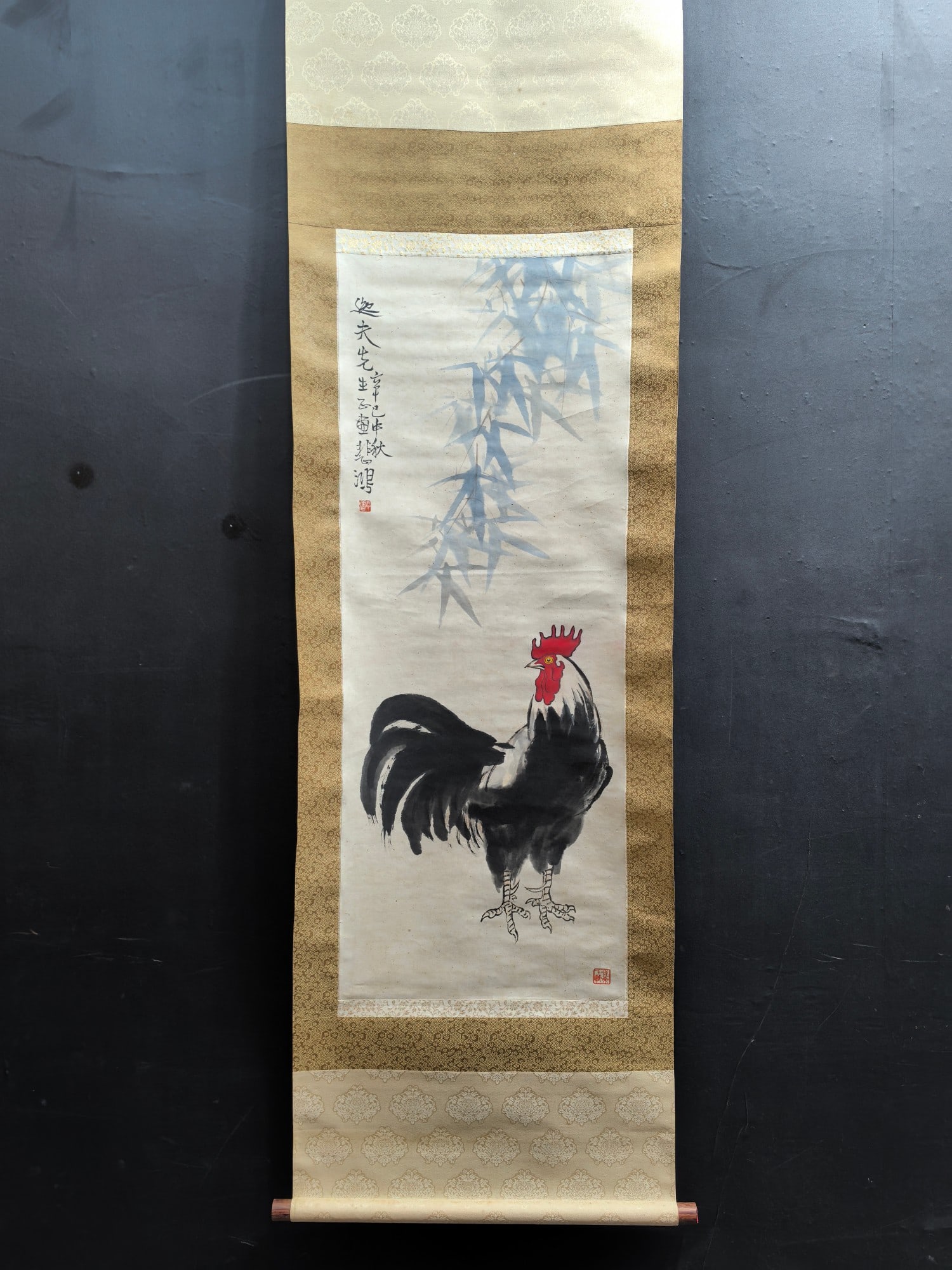A Chinese Vertical Scroll Ink Painting of Rooster on Paper,Xu Beihong: A Chinese Vertical Scroll Ink Painting of Rooster on Paper,Xu