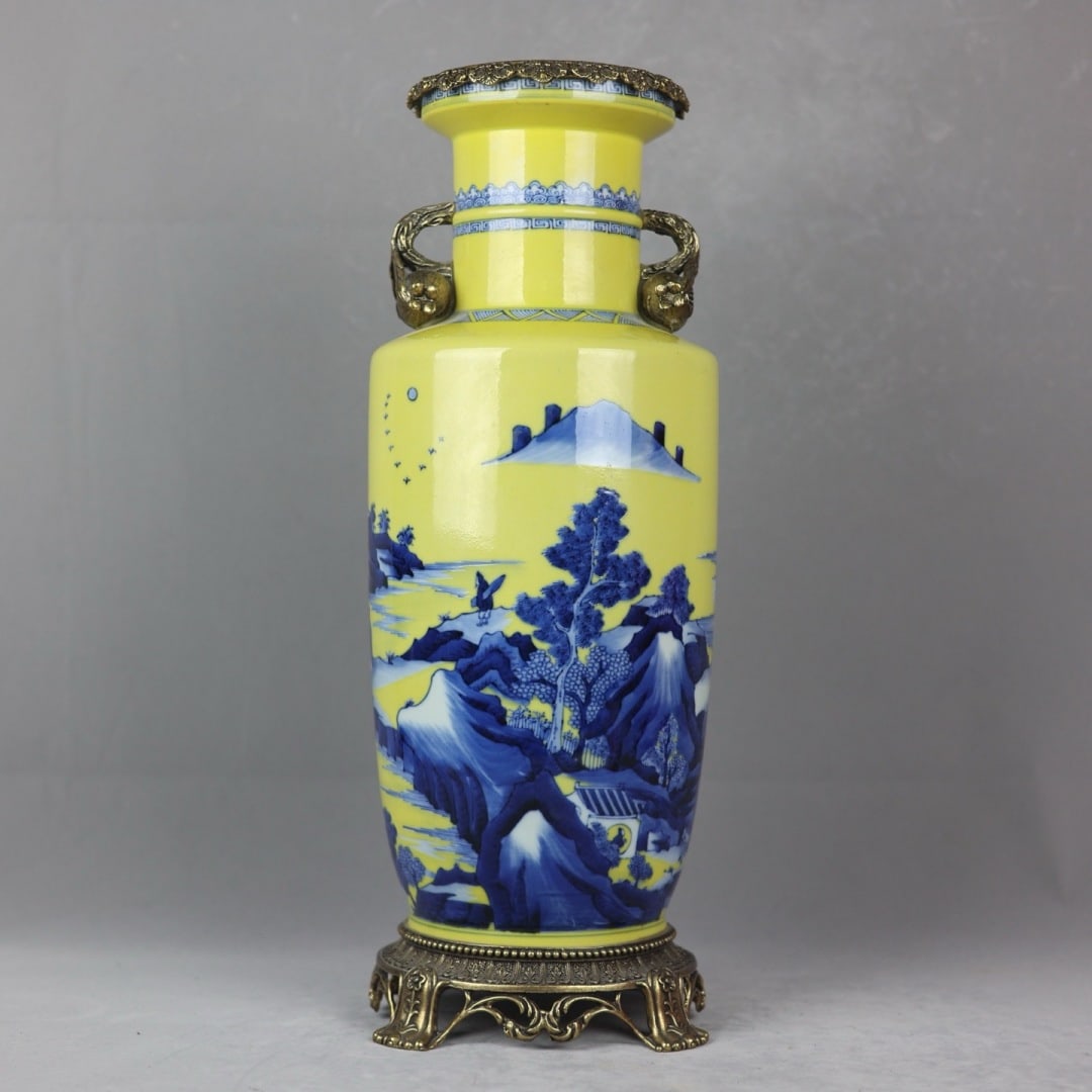 A Huge Yellow Ground Blue and White Inlaid Bronze Landscape and Figure Pattern Pomegranate-Ears Vase: A Huge Yellow Ground Blue and White Inlaid Bronze Landscape and Figure Pattern Pomegranate-Ears Vase,Qing Dynasty,China,Kangxi Six-character Mark,Size:19.9inx7.1inx6.9in黄地青花