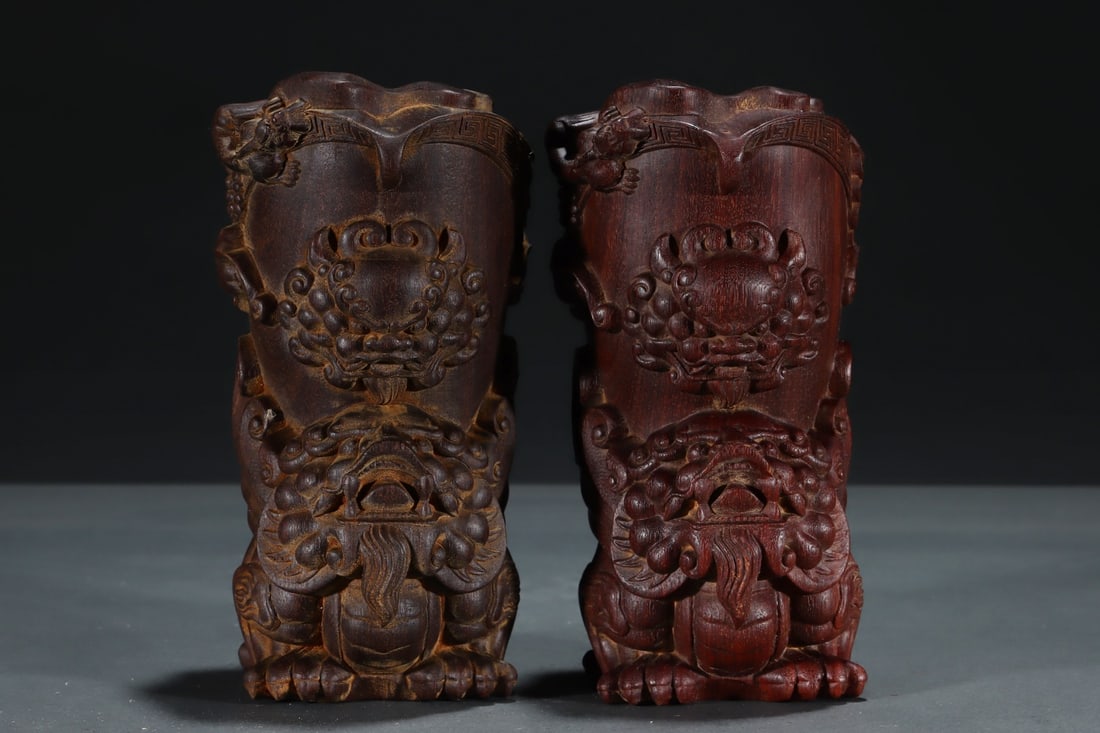 A Pair of Exquisite Eaglewood Beast-Face Pattern Beast-Shaped Goblets: A Pair of Exquisite Eaglewood Beast-Face Pattern Beast-Shaped Goblets,Qing Dynasty,China,Qianlong Six-character