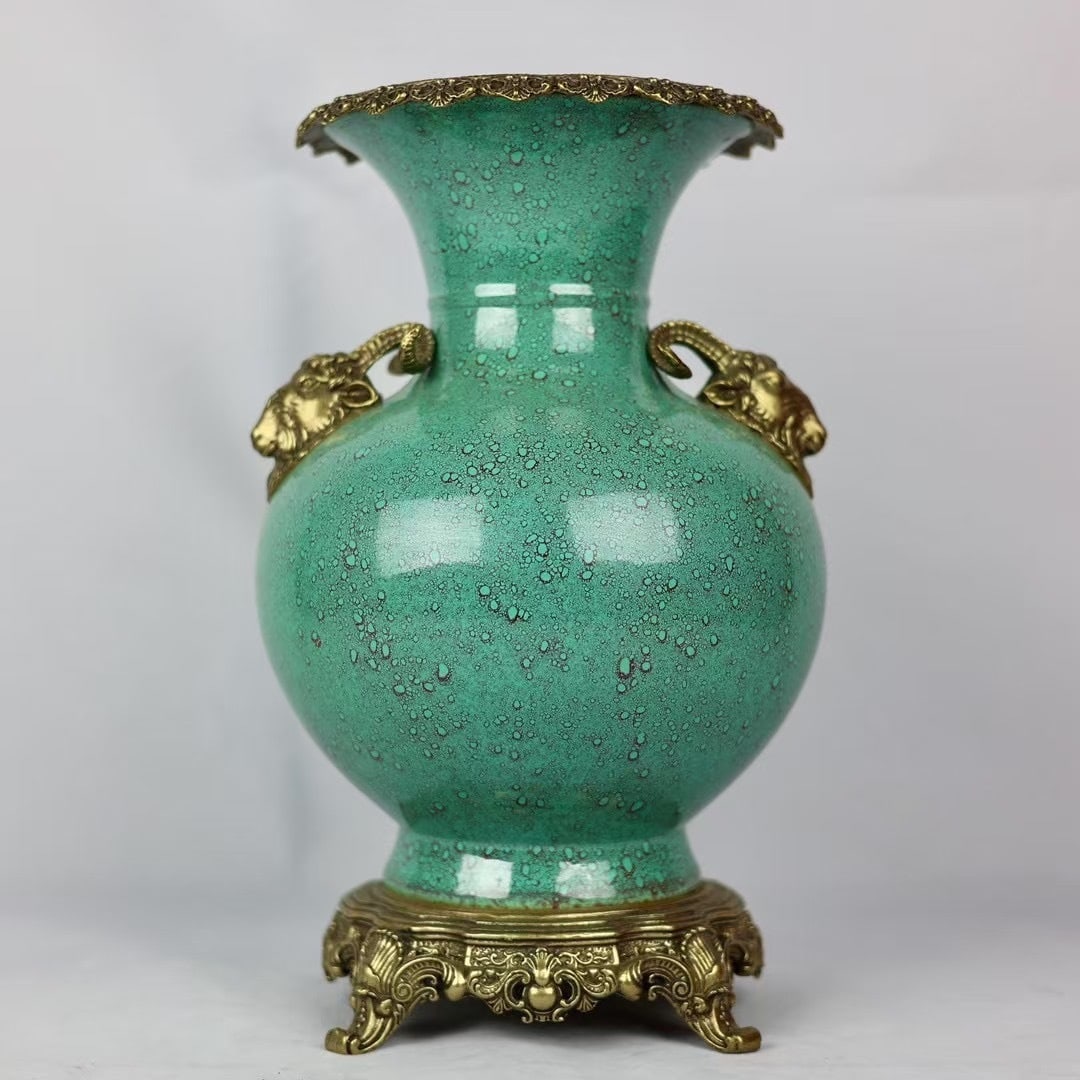 A Rare Robin's-Egg-Glazed Inlaid Bronze Sheep-Ears Vase: A Rare Robin's-Egg-Glazed Inlaid Bronze Sheep-Ears Vase,Qing Dynasty,China,Qianlong Six-character
