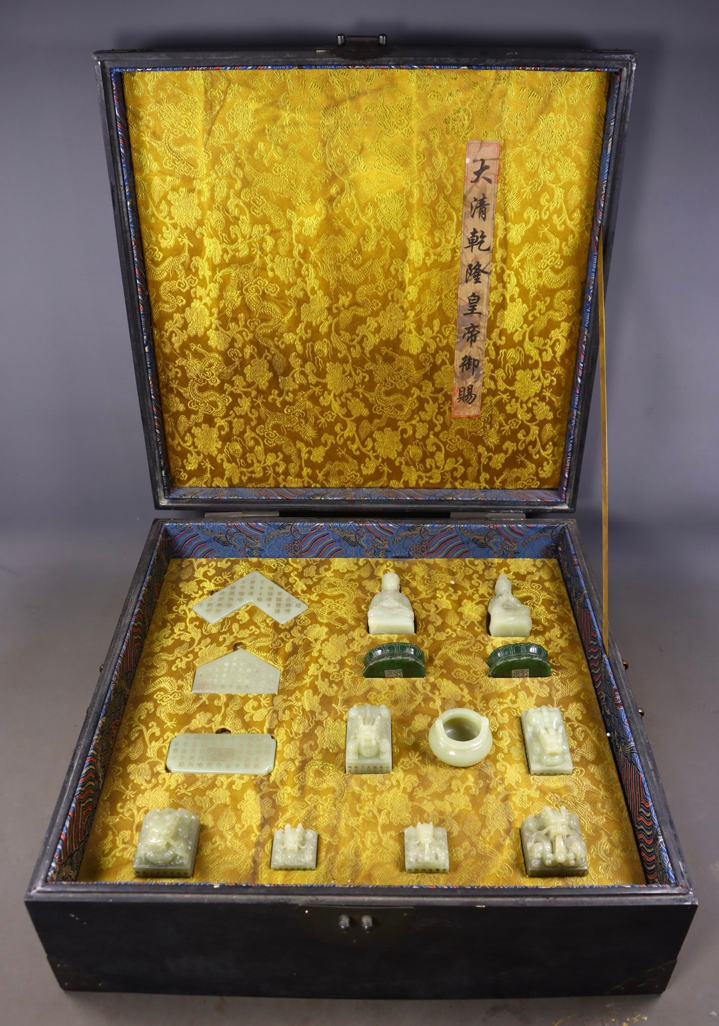 A Set of Fine White Jade Poem Ornaments,With Jasper: A Set of Fine White Jade Poem Ornaments,With Jasper,Qing Dynasty,China,Qianlong Four-character Mark,Size:(Buddha Statue)4.5in,(Base)2.2inx1.6in,(Seal)2inx1.8inx1.6in,(Censer)1.8inx1.8in,Total