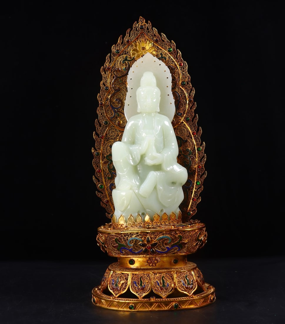 A Rare Filigree and Gilding Inlaid White Jade Statue of Avalokitesvara,Inlaid Gems: A Rare Filigree and Gilding Inlaid White Jade Statue of Avalokitesvara,Inlaid Gems,Qing Dynasty,China,Qianlong Four-character Mark,Size:13inx5.5inx4.5in,Weight:1522g花丝鎏金