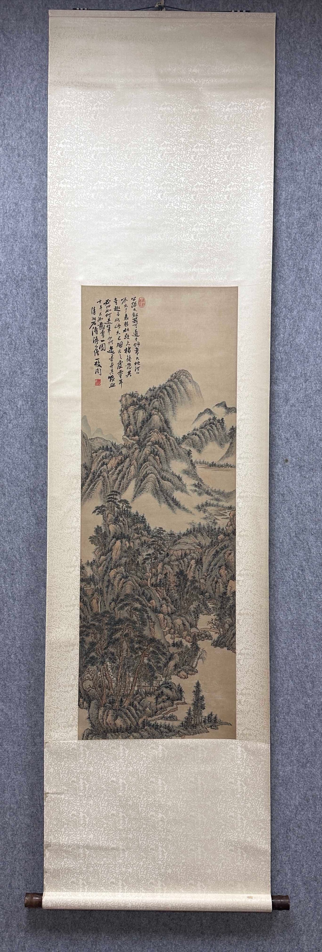 A Chinese Vertical Scroll Ink Painting of Landscape and Figure on Silk,Shi Tao: A Chinese Vertical Scroll Ink Painting of Landscape and Figure on Silk,Shi TaoSize:(Without frame)15.7inx46.1in一幅中国水墨绢本山水人&