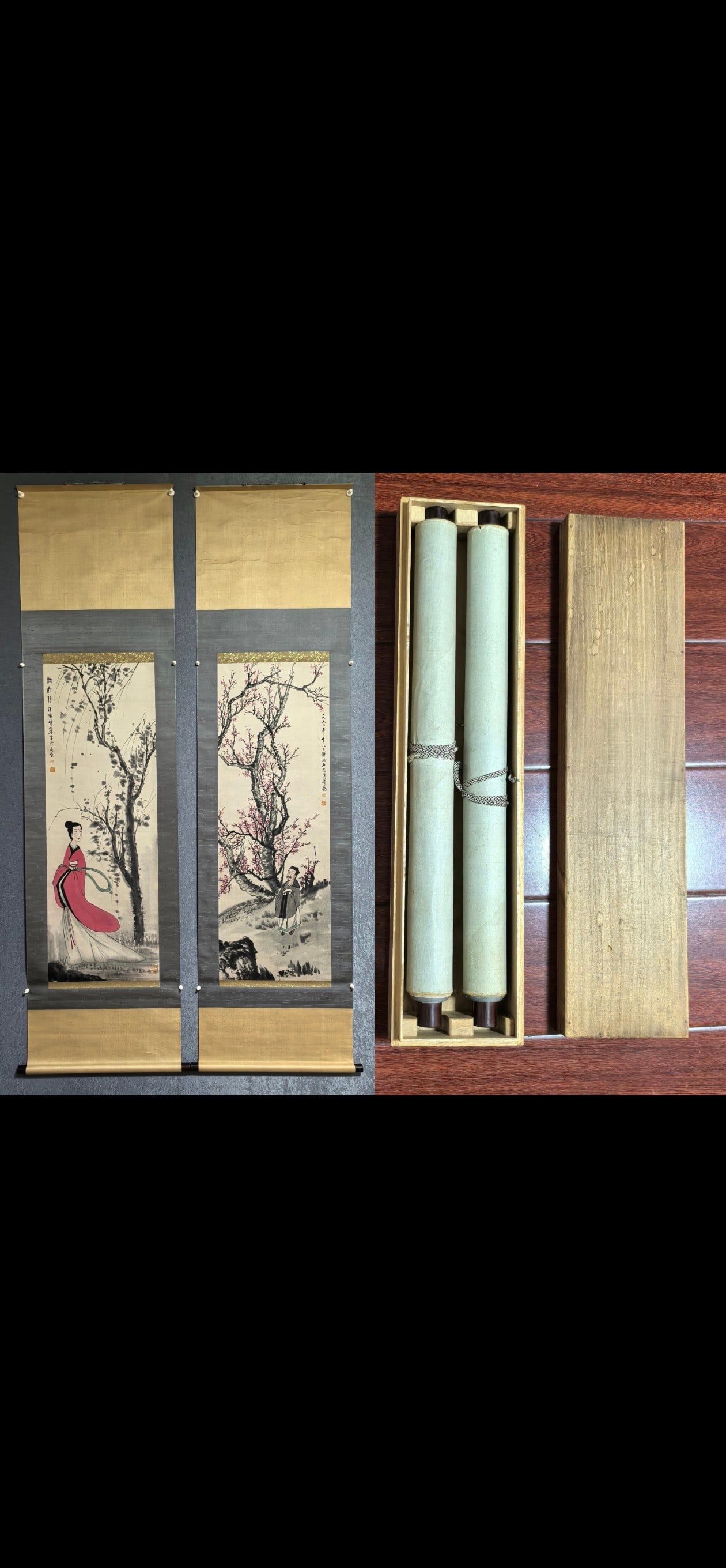 A Pair of Chinese Vertical Scroll Ink Painting of Figure on Paper,Fu Baoshi: A Pair of Chinese Vertical Scroll Ink Painting of Figure on Paper,Fu Baoshi,Size:(Without frame)40.2inx14in*2一对中国水墨人物画立轴,&#
