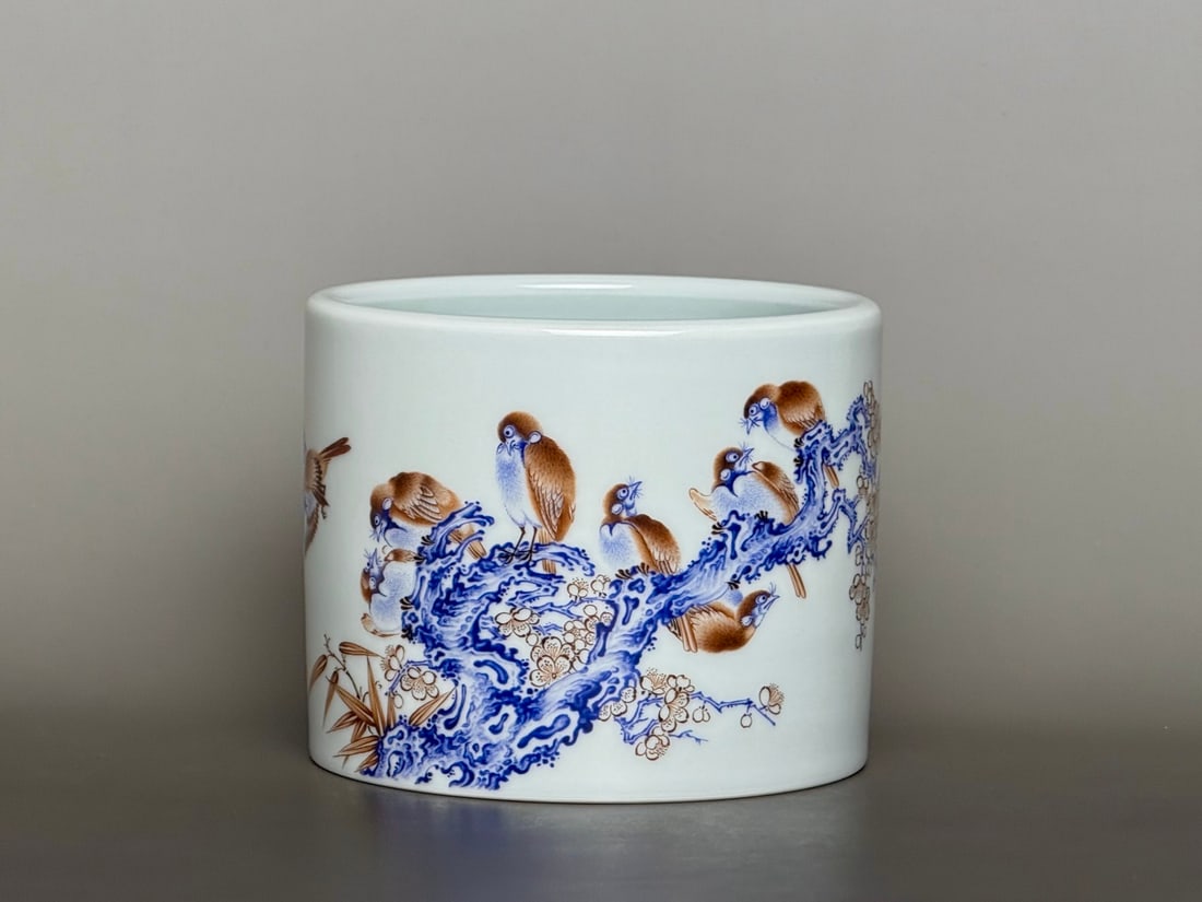 An Exquisite Blue and White Famille-Rose Flower and Bird Pattern Brush Pot: An Exquisite Blue and White Famille-Rose Flower and Bird Pattern Brush Pot,Qing Dynasty,China,Yongzheng Six-character