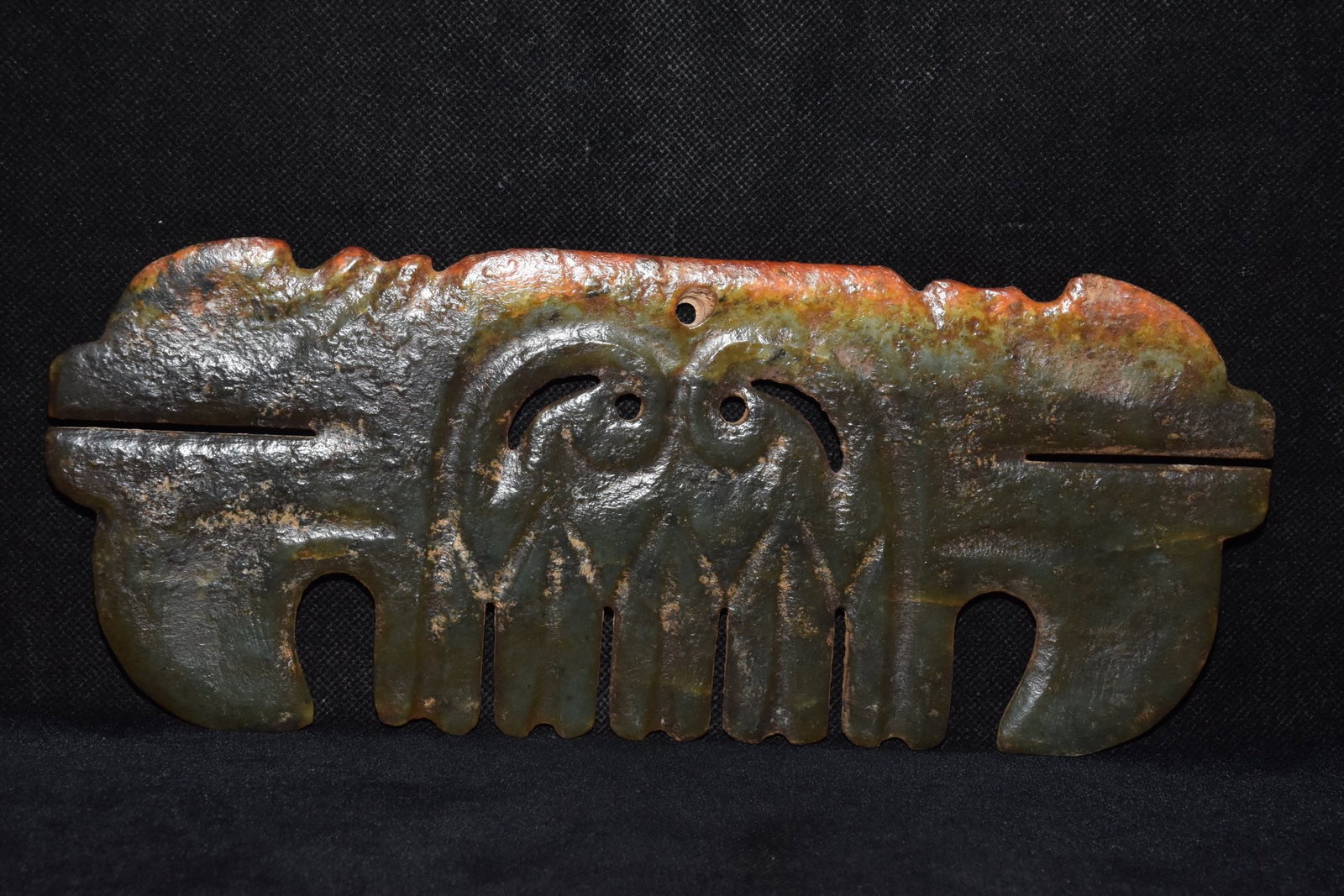 An Exquisite Hemo Jade Pendant: An Exquisite Hemo Jade Pendant,Hongshan Culture,Size:9.8inx4.3in,Weight:260g河磨玉挂件，红山文化，Size:25cmx11cm,Weight:260g