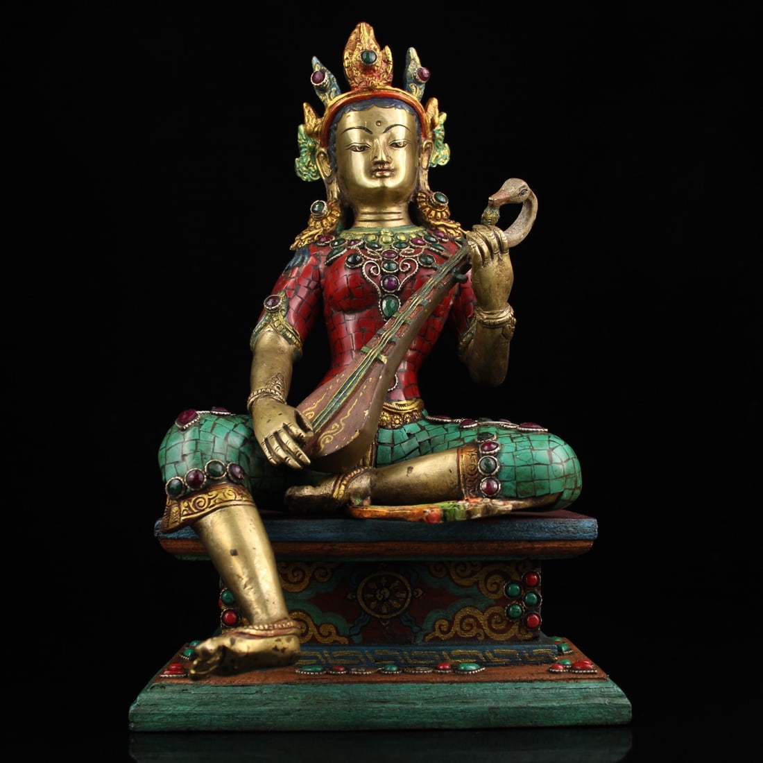 A Solemn Gilt Bronze Inlaid Gems Painted Color Statue of Gautama??s Mother: A Solemn Gilt Bronze Inlaid Gems Painted Color Statue of Gautama??s Mother,Qing Dynasty, China,Size:13.4inx8.1in,Weight:4000g铜鎏金镶宝石彩绘佛