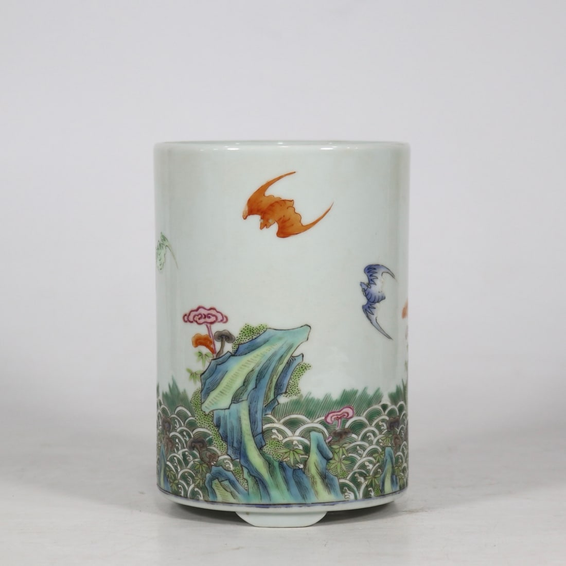An Exquisite Famille-Rose Seawater and Bats Pattern Tripod Brush Pot (1 of 9)