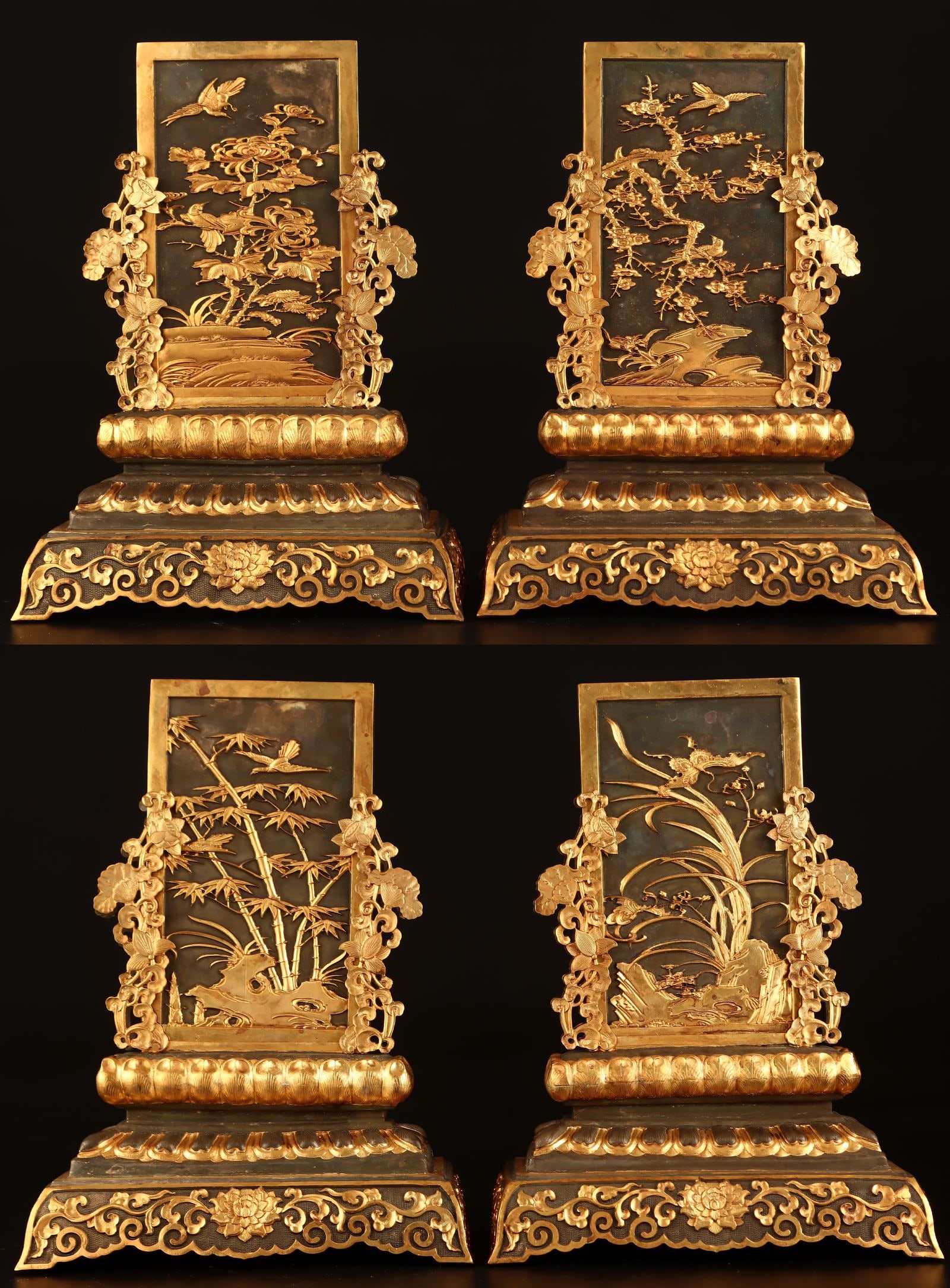 A Set of Fine Gilt Bronze Plum Blossom,Orchid Bamboo and Chrysanthemum Pattern Screens,With Poem: A Set of Fine Gilt Bronze Plum Blossom,Orchid Bamboo and Chrysanthemum Pattern Screens,With Poem,Qing Dynasty,China,Qianlong Four-character Mark,Size:11.4inx8.3inx4.3in,Weight:8000g一套