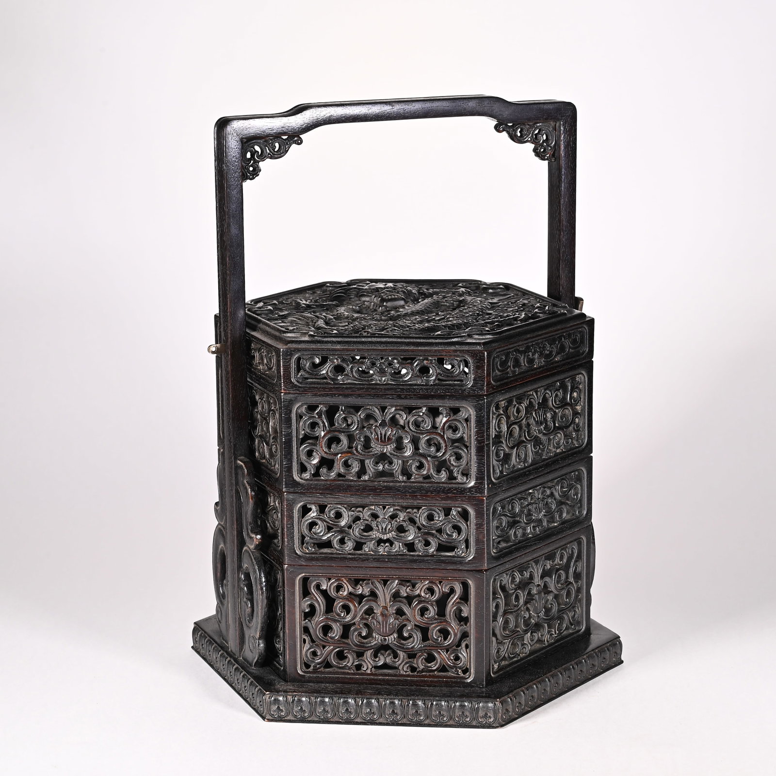 An Exquisite Zitanwood Hollow Lotus,Auspicious Cloud and Dragon Pattern Tiered box: An Exquisite Zitanwood Hollow Lotus,Auspicious Cloud and Dragon Pattern Tiered box,Qing Dynasty,