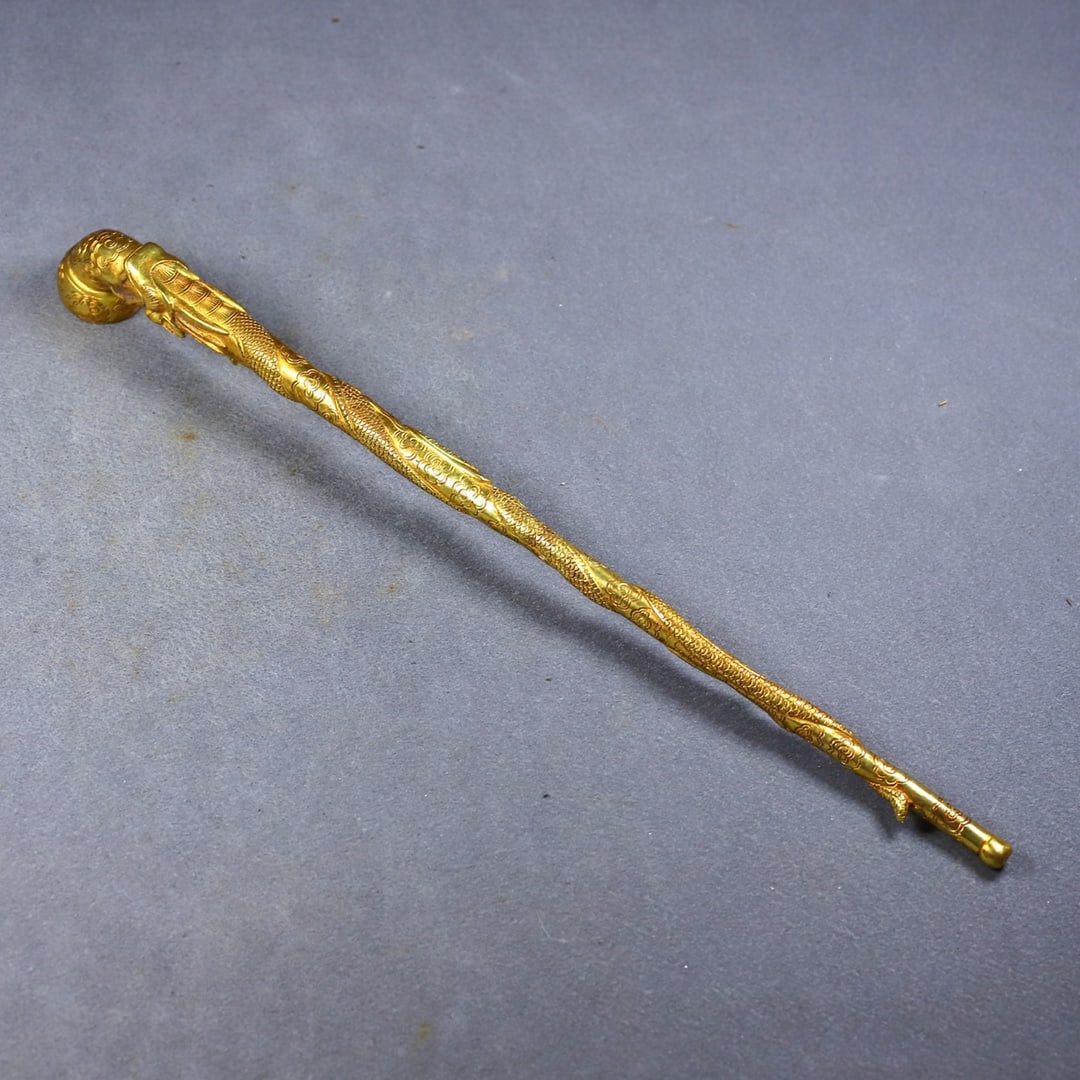 A Huge Gilt Bronze Dragon Pattern Pipe - 8