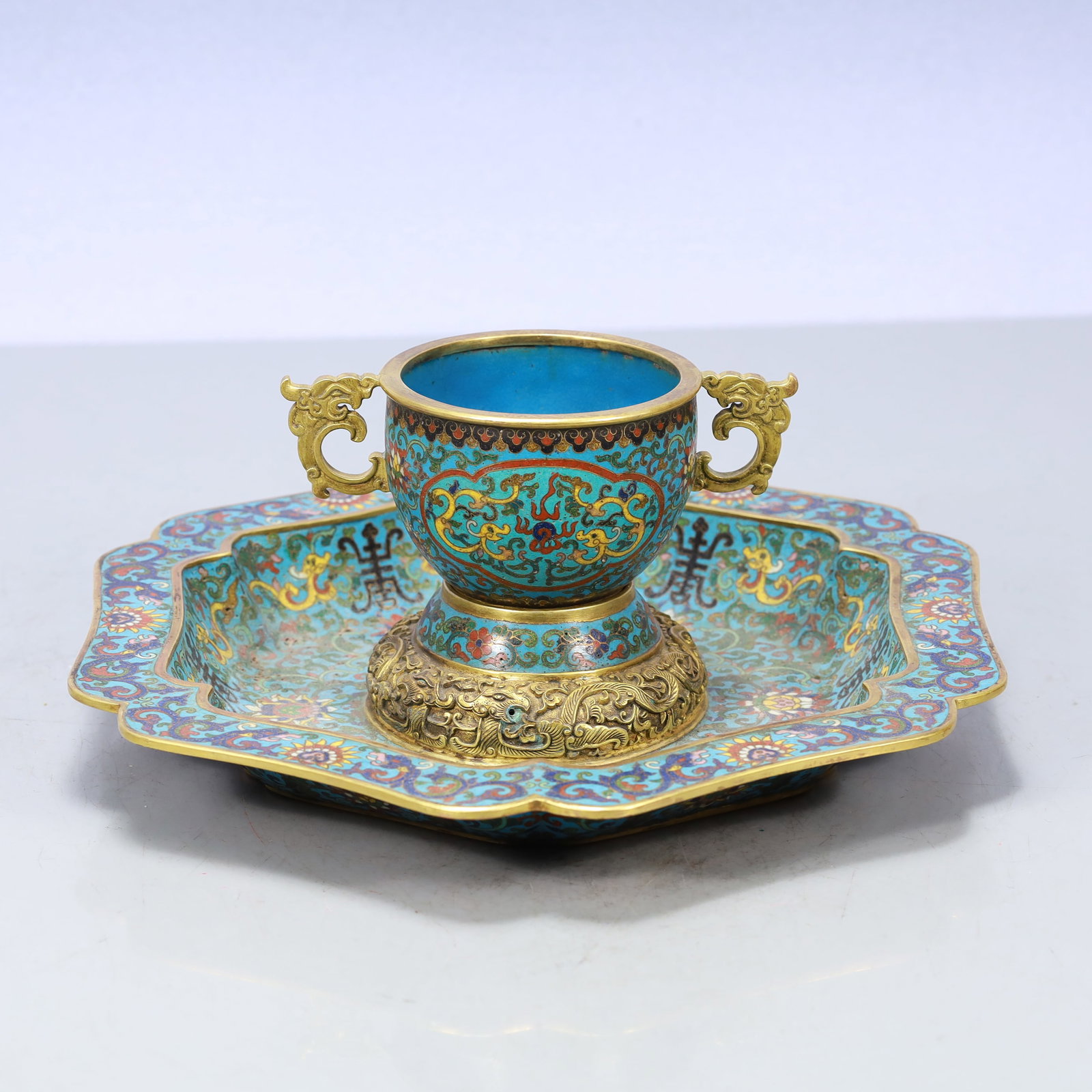 A Exquisite Cloisonne Lotus Pattern Dragon Pattern Double-Ears Cup: A Exquisite Cloisonne Lotus Pattern Dragon Pattern Double-Ears Cup Qing Dynasty, China Qianlong Four-character Mark Size:12inx4.3in