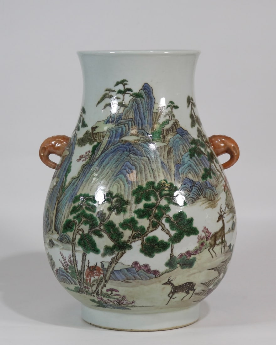 A Rare Famille-Rose Landscape,Pine and Deer Pattern Elephant-Ears Vase: A Rare Famille-Rose Landscape,Pine and Deer Pattern Elephant-Ears Vase,Qing Dynasty,China,Jiaqing Six-character Mark,Size:13.8inx9.3in粉彩山水松鹿纹象&#