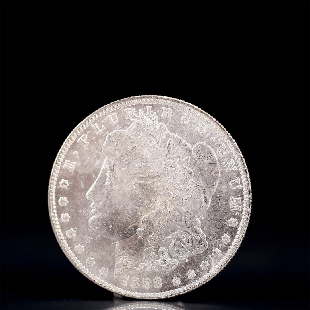 USA Morgan Dollar 1888 Coin: Obv: profile bust with date below and E PLURIBUS UNUM legend and stars around. Rev: eagle with In God we trust above within wreath with UNITED STATES OF AMERICA ONE DOLLAR legend. IN GOD WE TRUST /