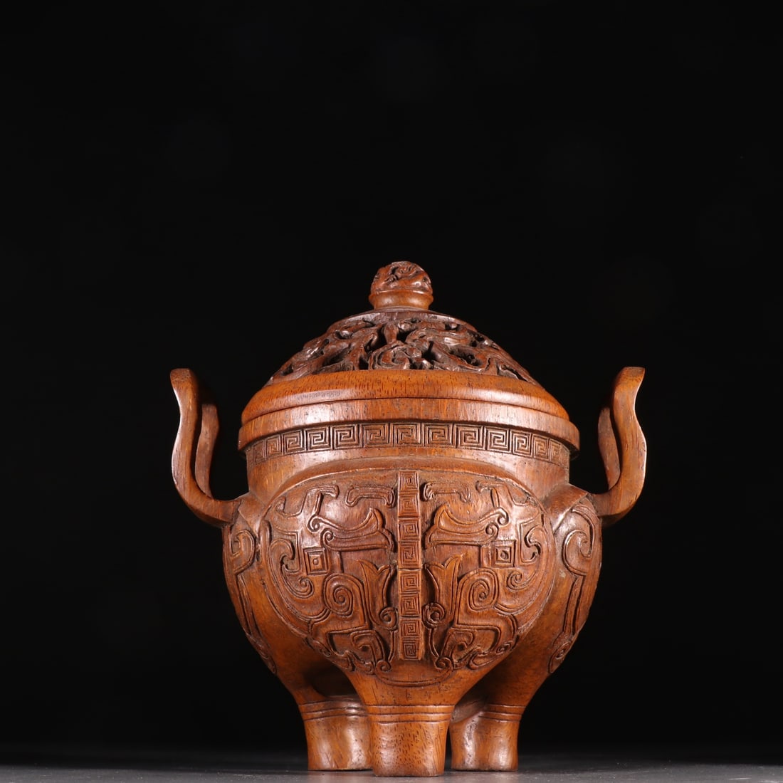 An Exquisite Bamboo Beast-Face Pattern Double-Ears Tripod Censer: An Exquisite Bamboo Beast-Face Pattern Double-Ears Tripod Censer,Qing