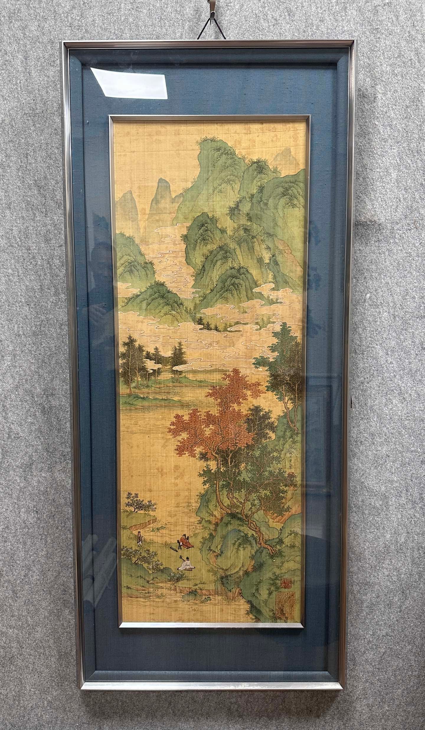 A Chinese Ink Painting of Landscape and Figure on Paper With Frame,Chou Ying: A Chinese Ink Painting of Landscape and Figure on Paper With Frame,Chou YingSize:(Without frame)13.4inx36.2in,(Frame)19.7inx46.1in一幅中国水墨山水ߟ