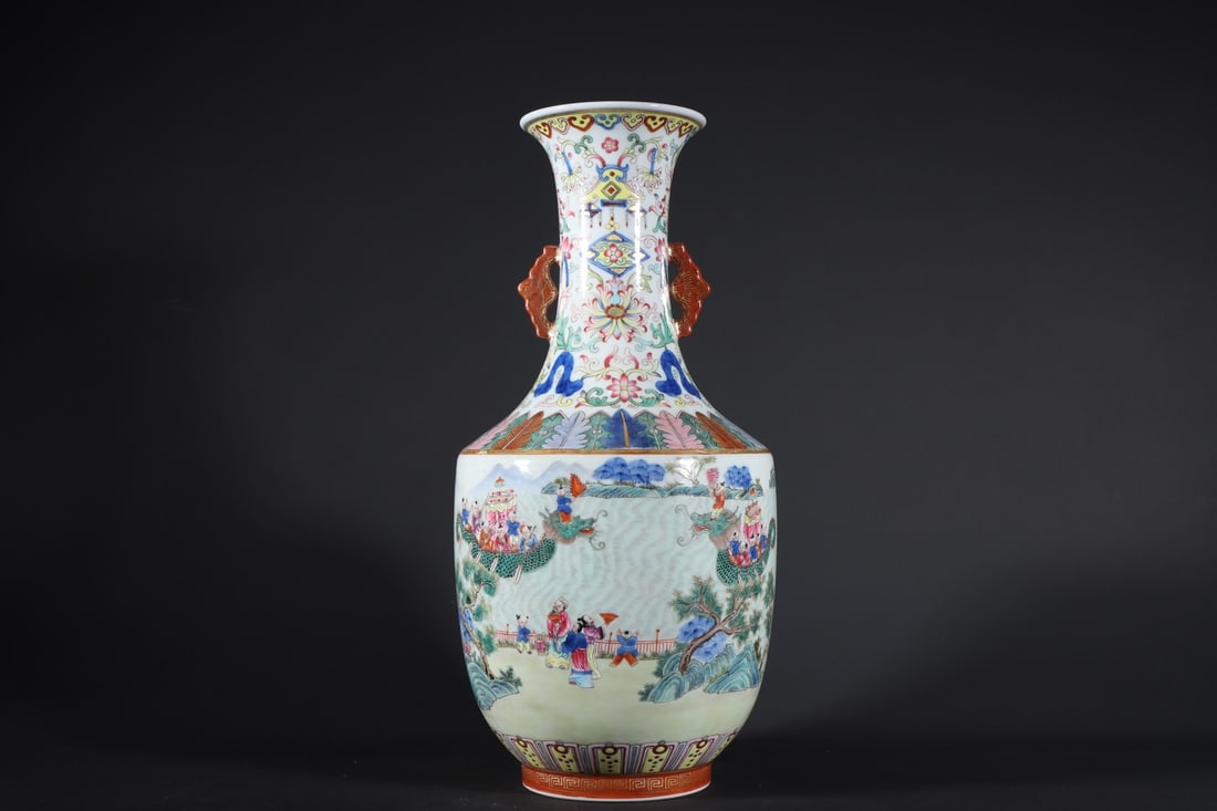 An Exquisite Famille-Rose Landscape and Figure Pattern Lotus Pattern Double-Ears Vase: An Exquisite Famille-Rose Landscape and Figure Pattern Lotus Pattern Double-Ears Vase Qing Dynasty, China Jiaqing Six-character Mark Size:12.9inx6.3in粉彩人物双耳&#