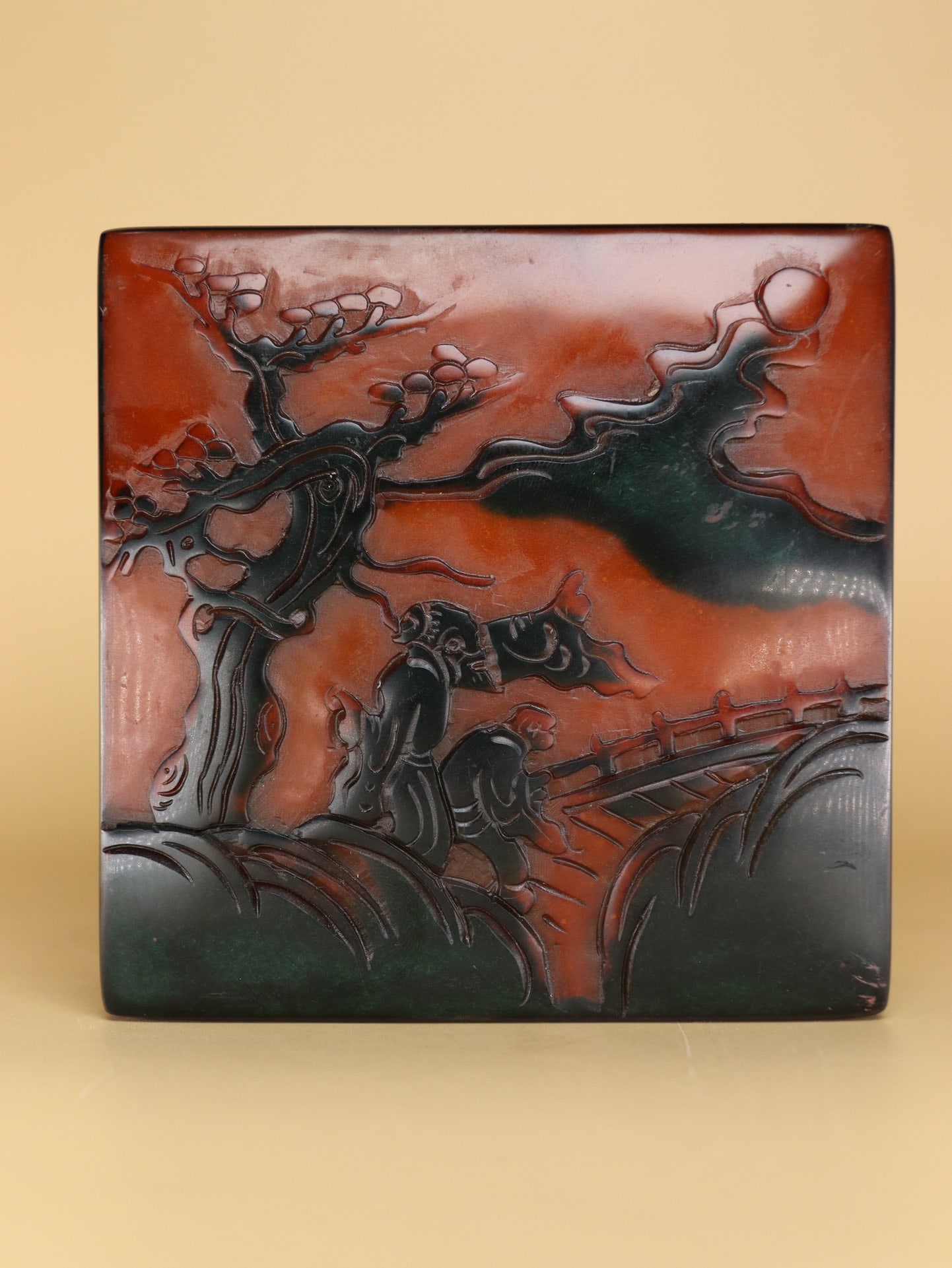 An Exquisite Tianhuang Stone Landscape and Figure Pattern Seal: An Exquisite Tianhuang Stone Landscape and Figure Pattern Seal,Qing Dynasty, China,Huang Yi Mark,Size:3.9inx3.9inx2in,Weight:1310.6g田黄石山水人物纹