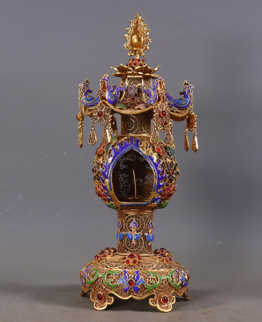 An Exquisite Filigree and Gilding Inlaid Gems Pagoda: An Exquisite Filigree and Gilding Inlaid Gems Pagoda,Qing Dynasty,China,Qianlong Four-character