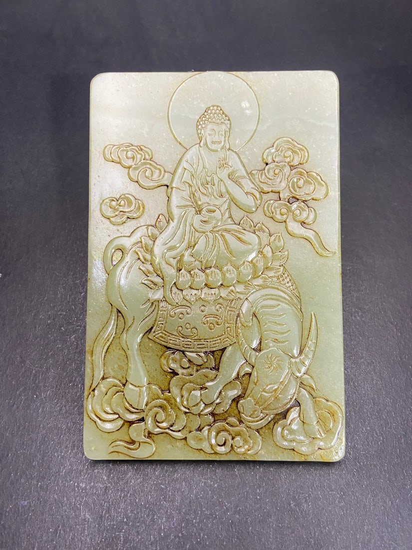 An Exquisite White Jade Statue of Samantabhadra Pattern Pendant,With Scriptures: An Exquisite White Jade Statue of Samantabhadra Pattern Pendant,With Scriptures,Qing Dynasty,China,Size:4.8inx3.1inx0.3in,Weight:166g白玉普贤菩萨像纹