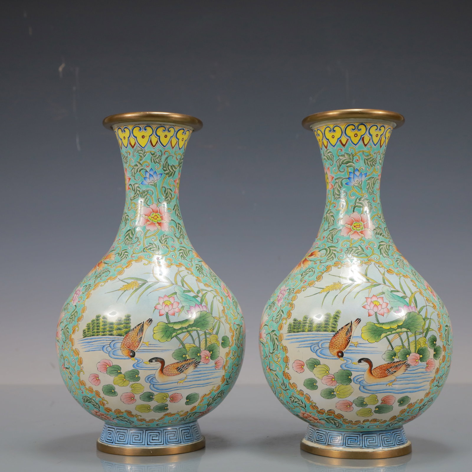 A Exquisite A pair of Coppery Enamel Lotus Pattern Flower and Bird Pattern Vase: A Exquisite A pair of Coppery Enamel Lotus Pattern Flower and Bird Pattern Vase Qing Dynasty, China Qianlong Four-character Mark Size:5.5inx10.2in