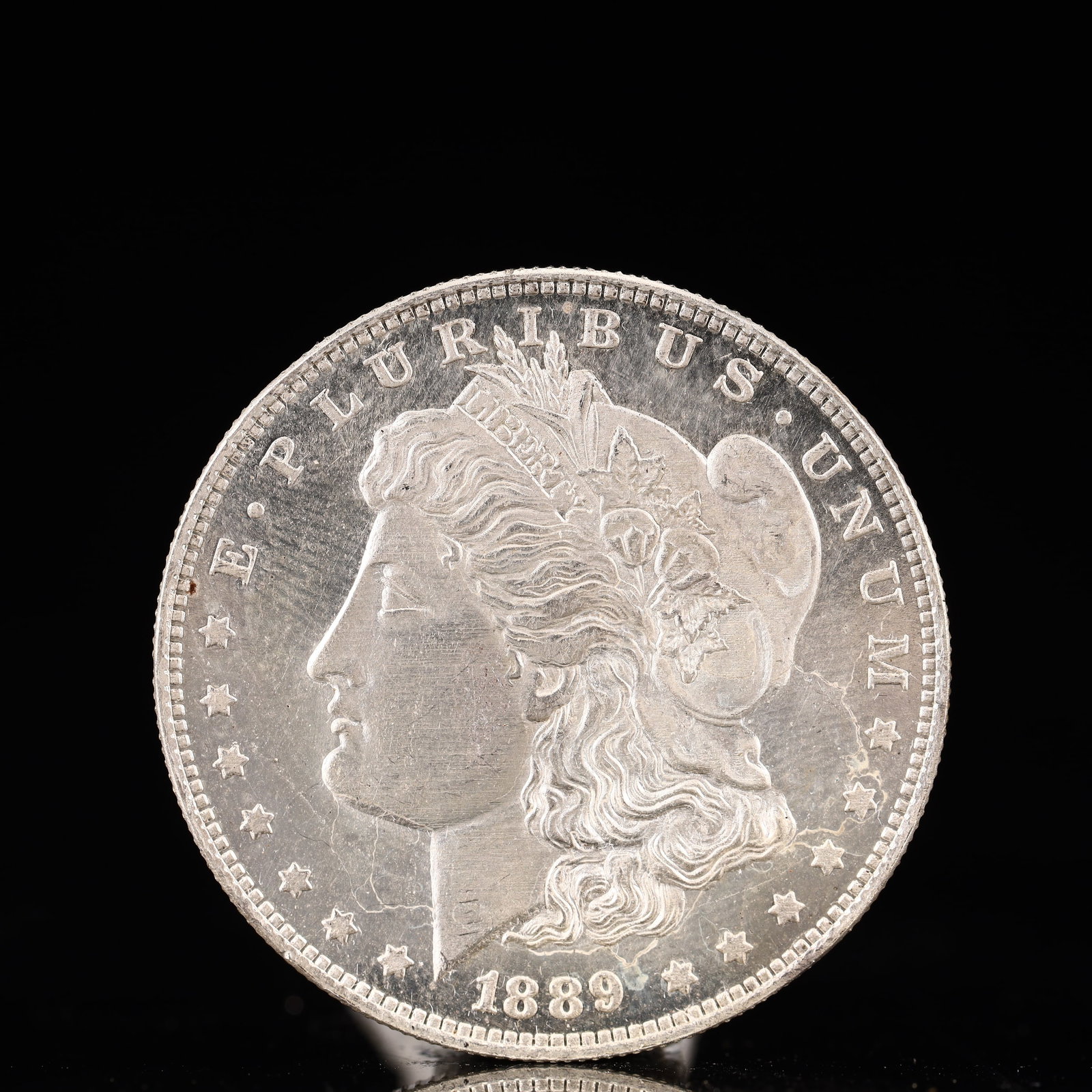 USA Morgan Dollar 1889 Coin: Obv: profile bust with date below and E PLURIBUS UNUM legend and stars around. Rev: eagle with In God we trust above within wreath with UNITED STATES OF AMERICA ONE DOLLAR legend. IN GOD WE TRUST / LI