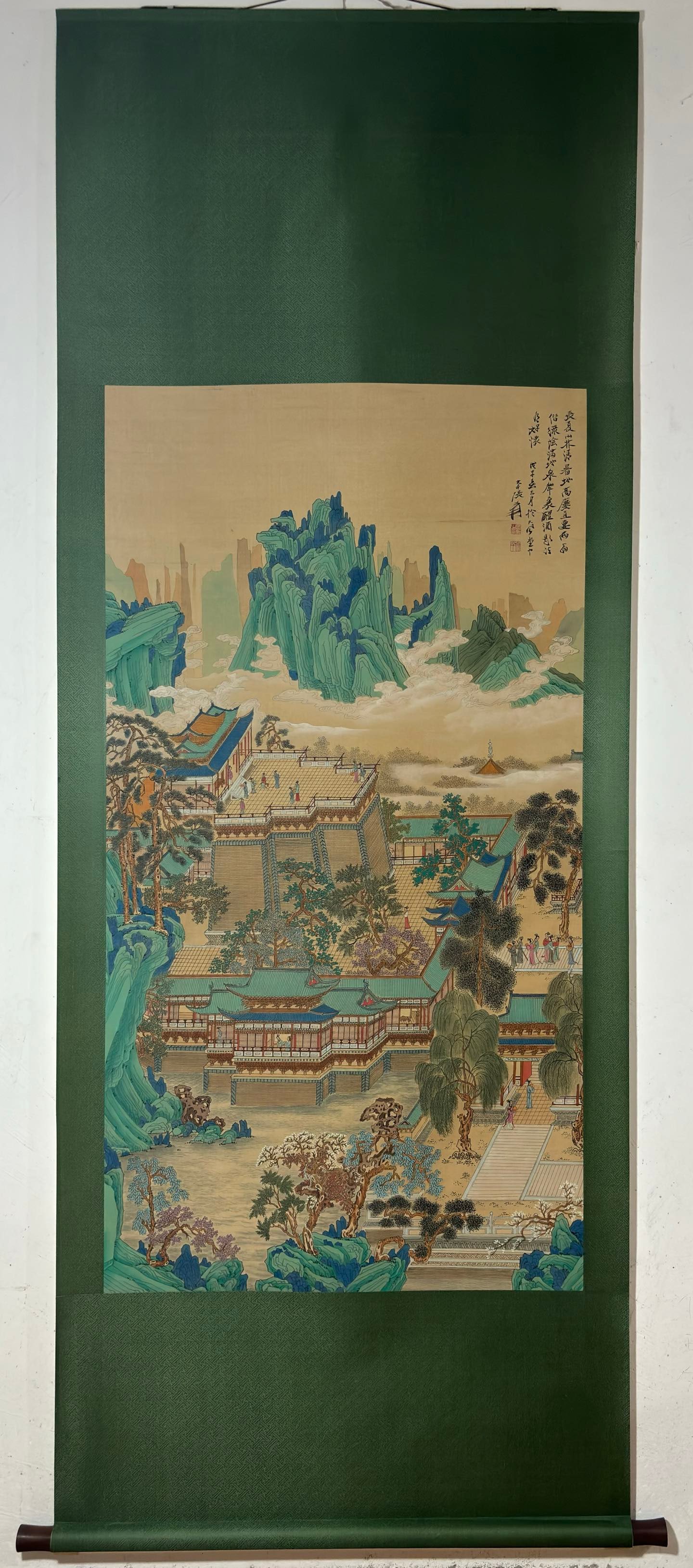 A Chinese Vertical Scroll Ink Painting of Landscape and Figure on Silk,Zhang Daqian: A Chinese Vertical Scroll Ink Painting of Landscape and Figure on Silk,Zhang Daqian,Size:(Without frame)50.4inx26.8in一幅中国水墨绢本山水