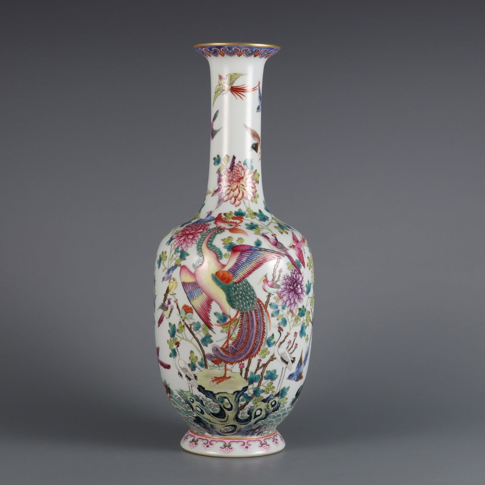 A Rare Famille-Rose Flower and Bird Pattern Vase: A Rare Famille-Rose Flower and Bird Pattern Vase Qing Dynasty, China Yongzheng Six-character MarkSize:13.8inx5.1in粉彩花鸟纹瓶 中国清代 