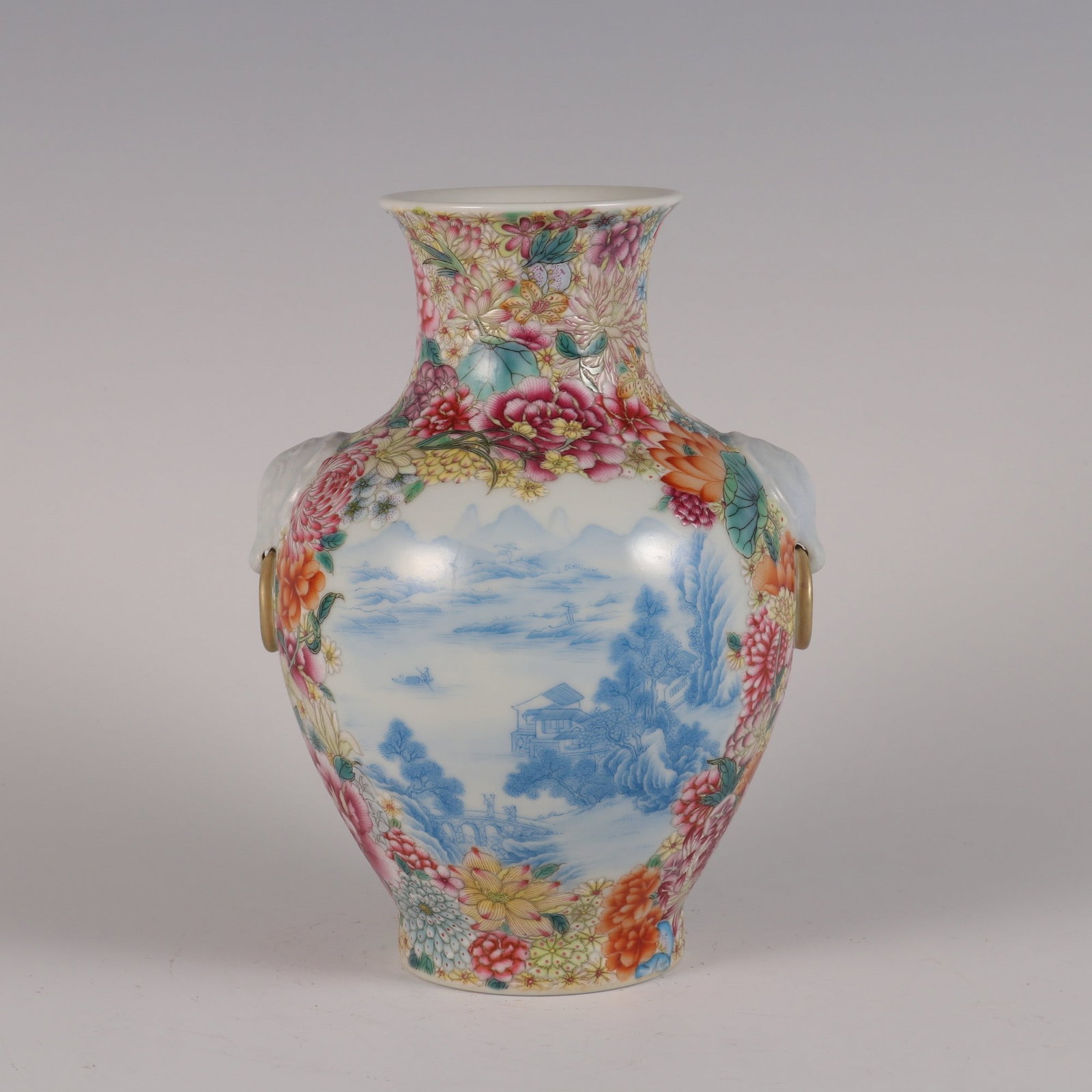 An Exquisite Enamel Flower Pattern Landscape Pattern Double-Ears Vase - 3