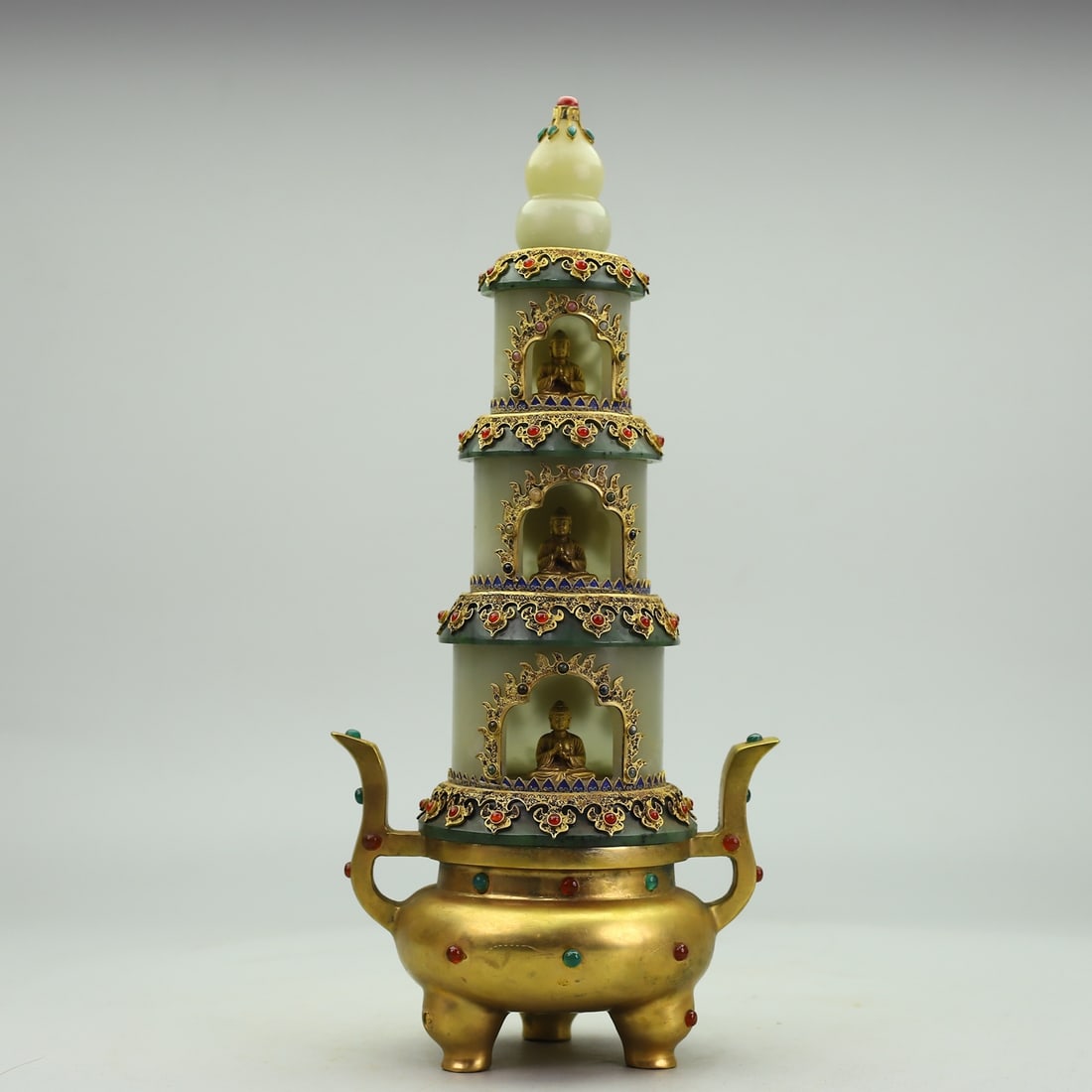 An Exquisite Filigree and Gilding Inlaid White Jade Double-Ears and Tripod Pagoda,Inlaid Gems: An Exquisite Filigree and Gilding Inlaid White Jade Double-Ears and Tripod Pagoda,Inlaid Gems,Qing Dynasty,China,Size:5.3inx5.3inx20in,(Box)22.8inx9.1inx7in,Total Weight:7775g花丝鎏&